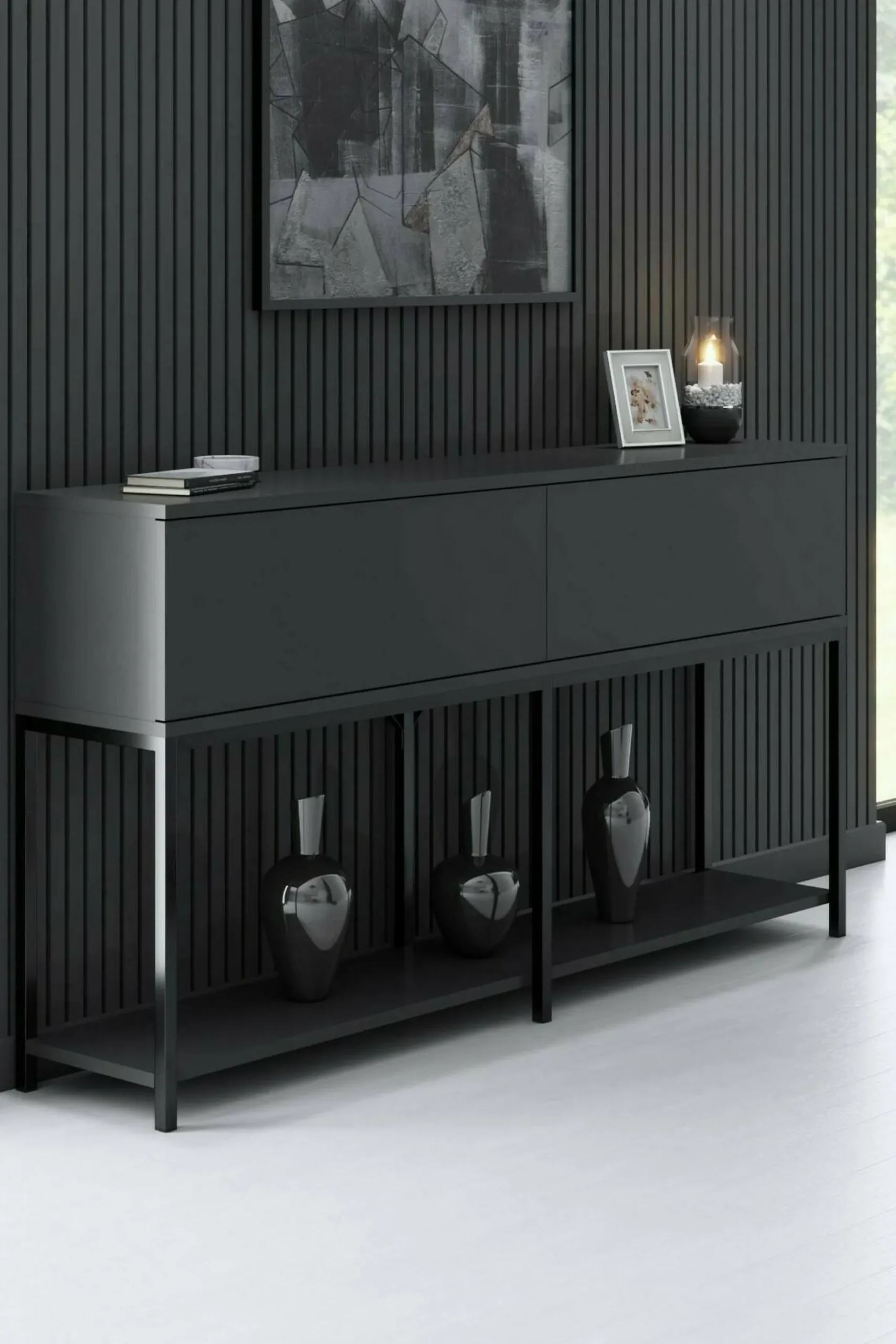 Credenza Basilia, 150x30h80 cm, Antracite e Nero<Dmora Discount