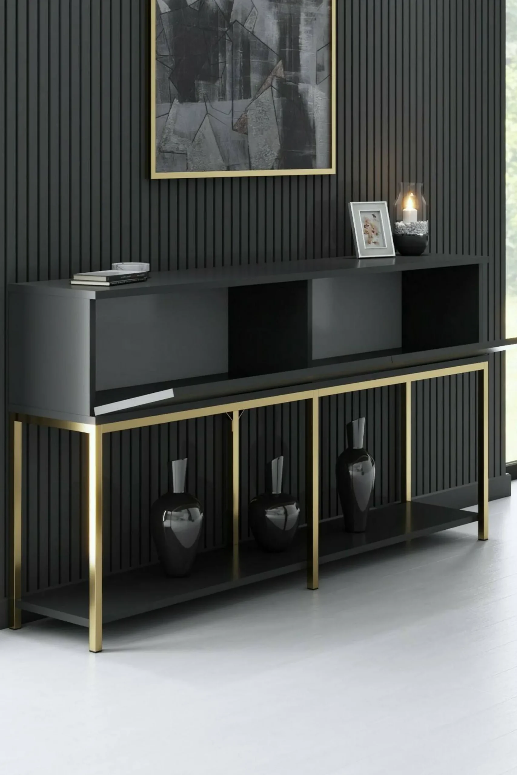 Credenza Basilia, 150x30h80 cm, Antracite e Oro<Dmora Online