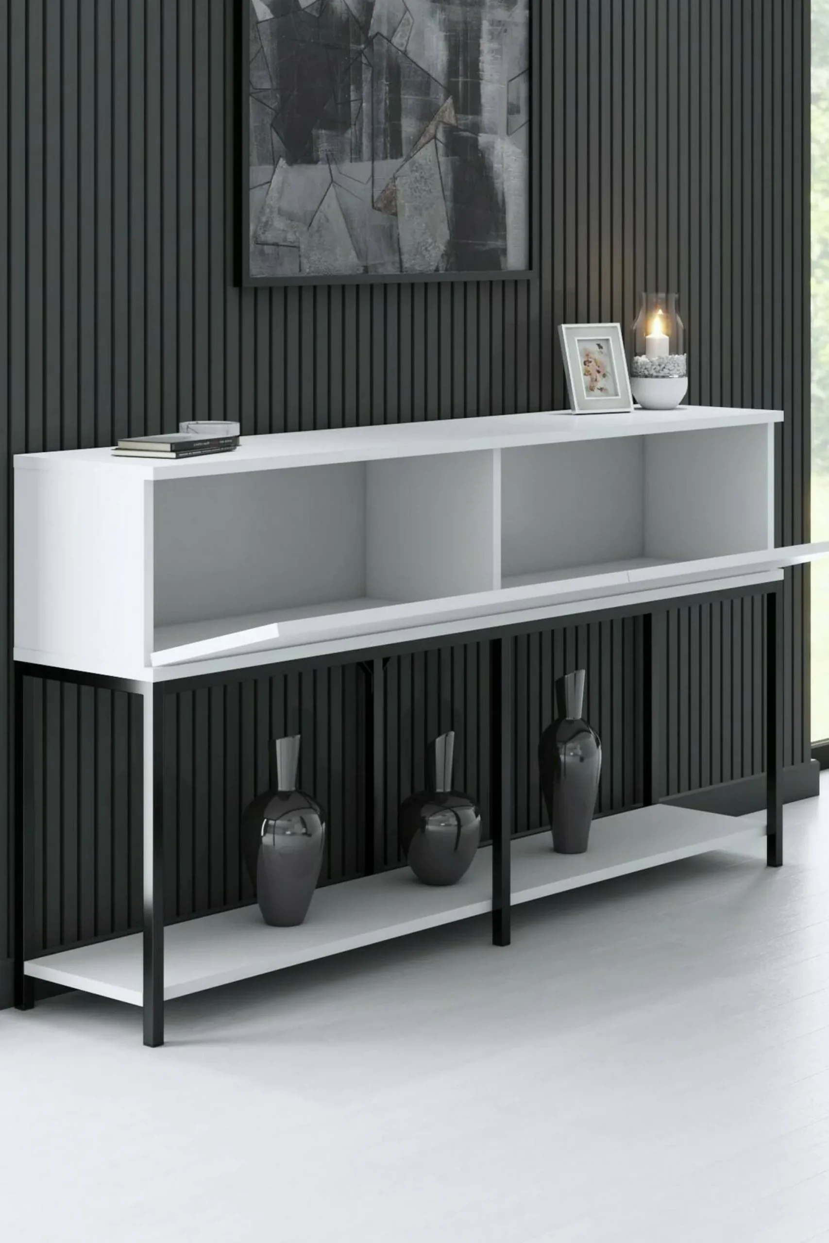 Credenza Basilia, 150x30h80 cm, Bianco e Nero<Dmora Discount