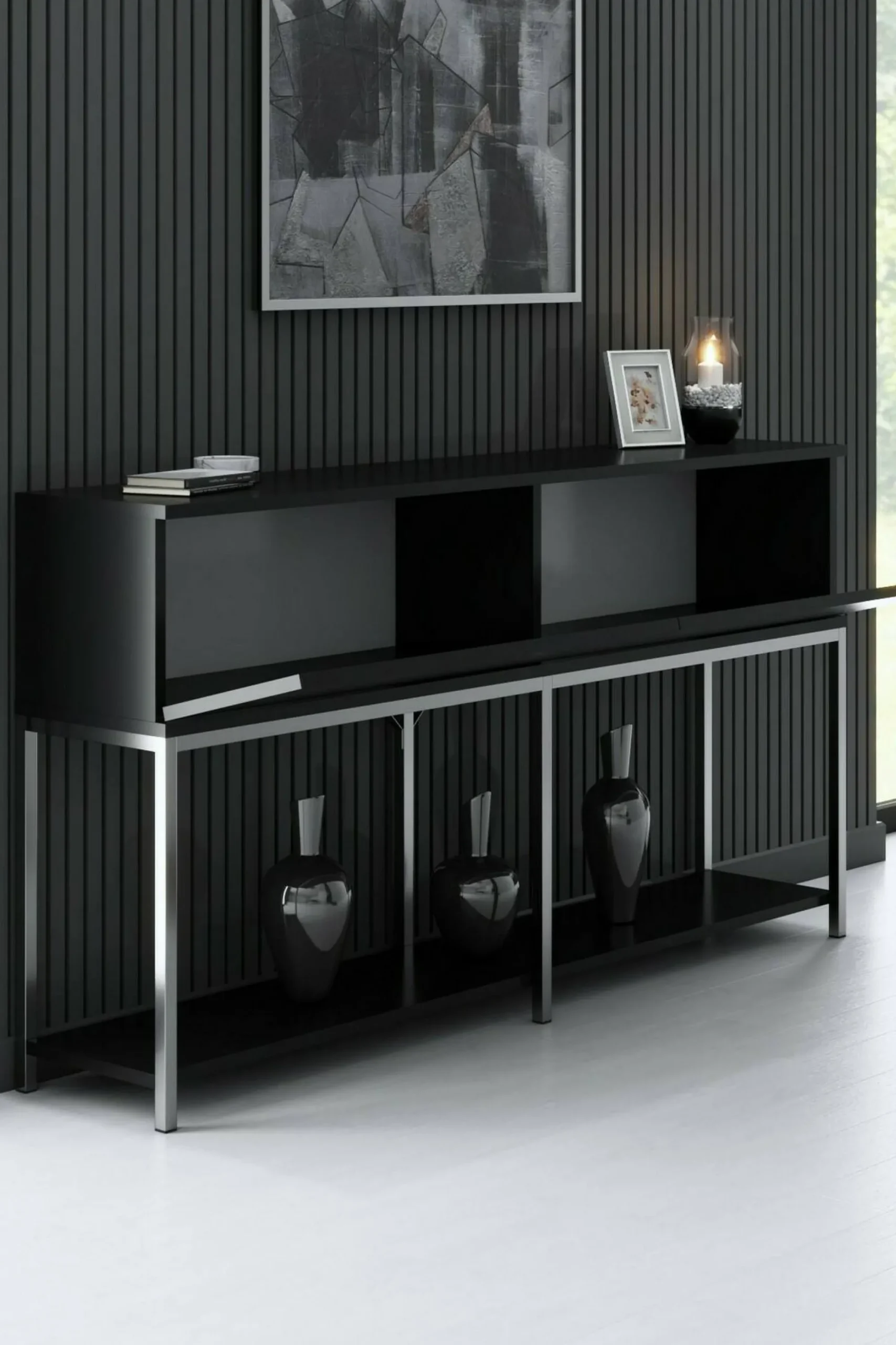 Credenza Basilia, 150x30h80 cm, Nero e Argento<Dmora Sale