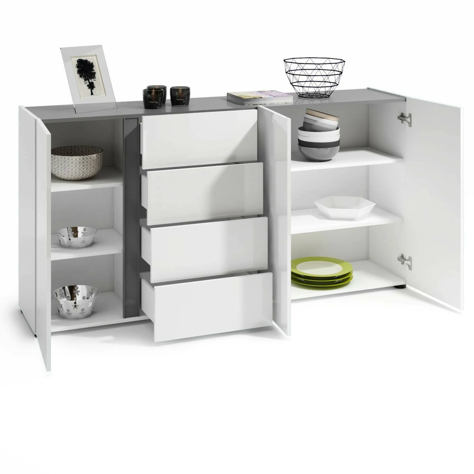 Credenza Baveno, 180x38h92 cm, Bianco lucido e Antracite<Dmora Online