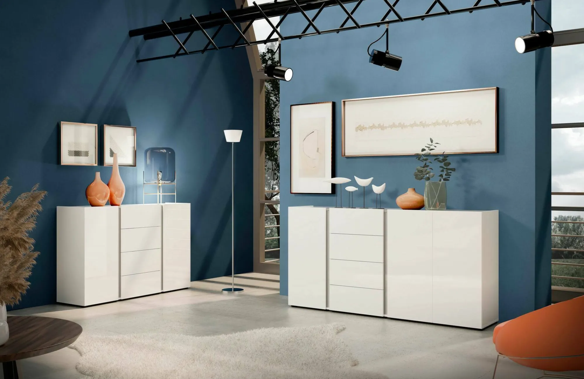 Credenza Baveno, 180x38h92 cm, Bianco lucido e Antracite<Dmora Online