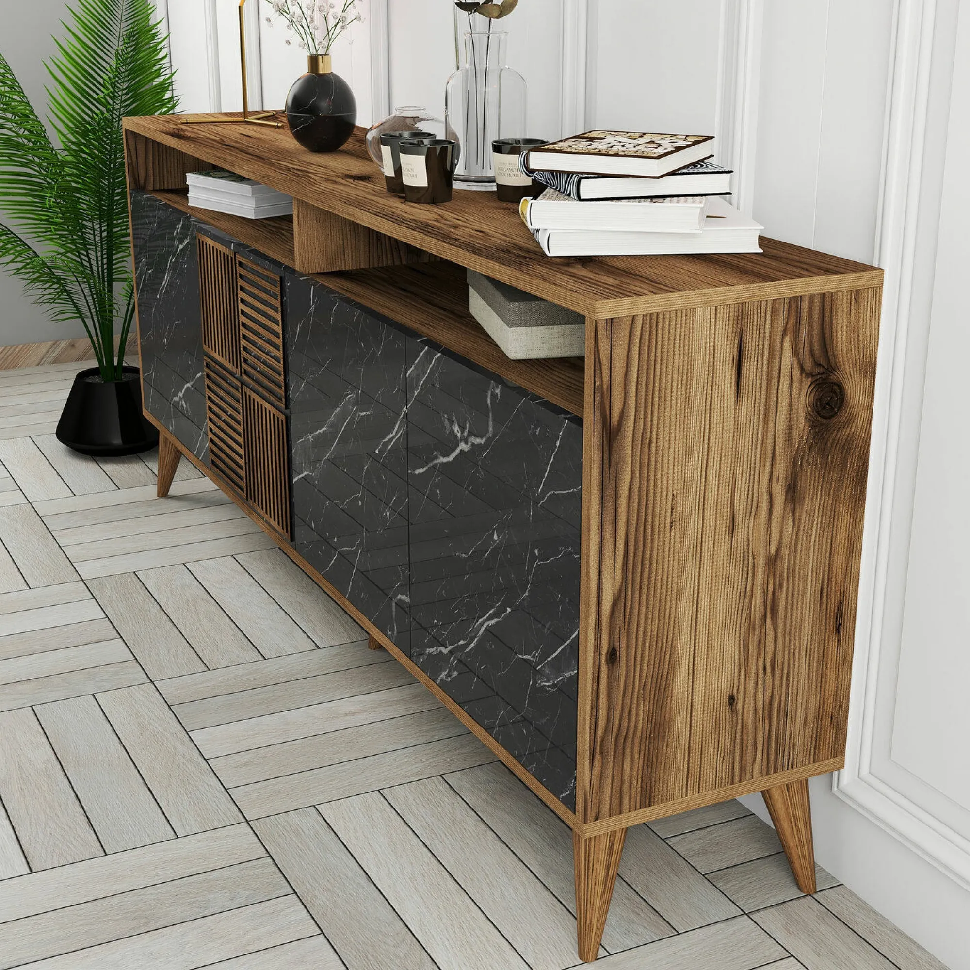Credenza Benjamin, 180x35 h79 cm, Noce e Nero<Dmora Clearance