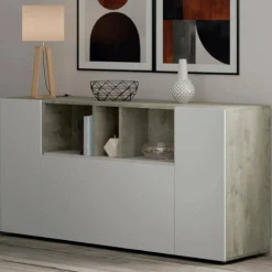 Credenza Crisantemo, 150x41h76 cm, Bianco e Rovere<Dmora Fashion