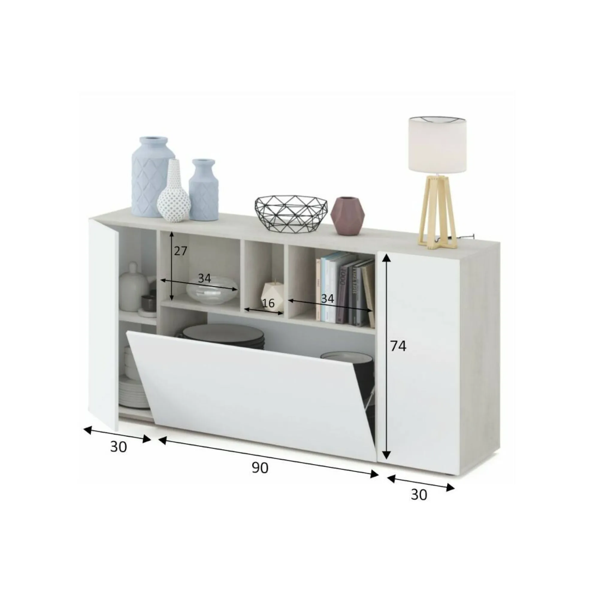 Credenza Crisantemo, 150x41h76 cm, Bianco e Cemento<Dmora Store
