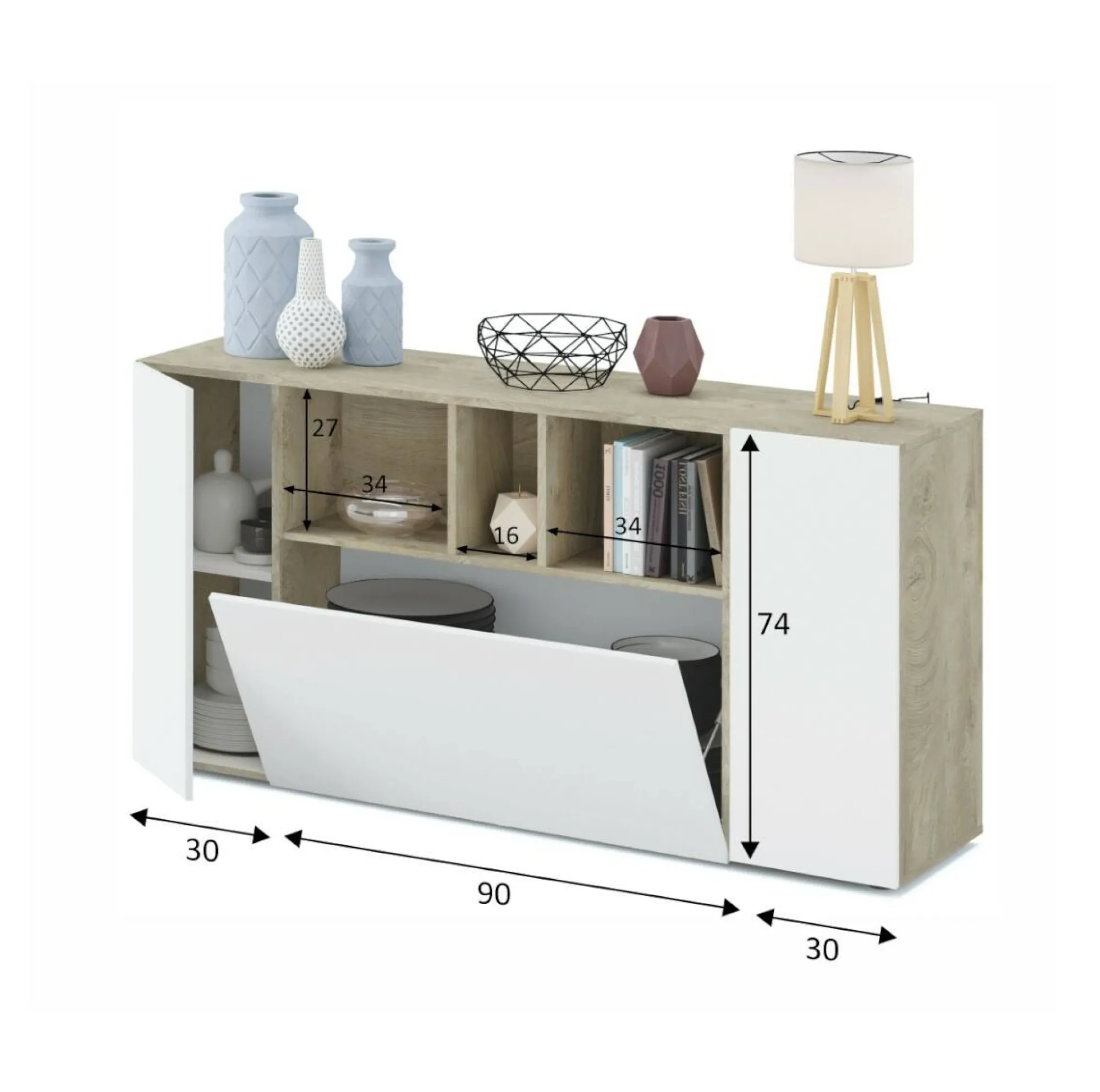 Credenza Crisantemo, 150x41h76 cm, Bianco e Rovere<Dmora Fashion