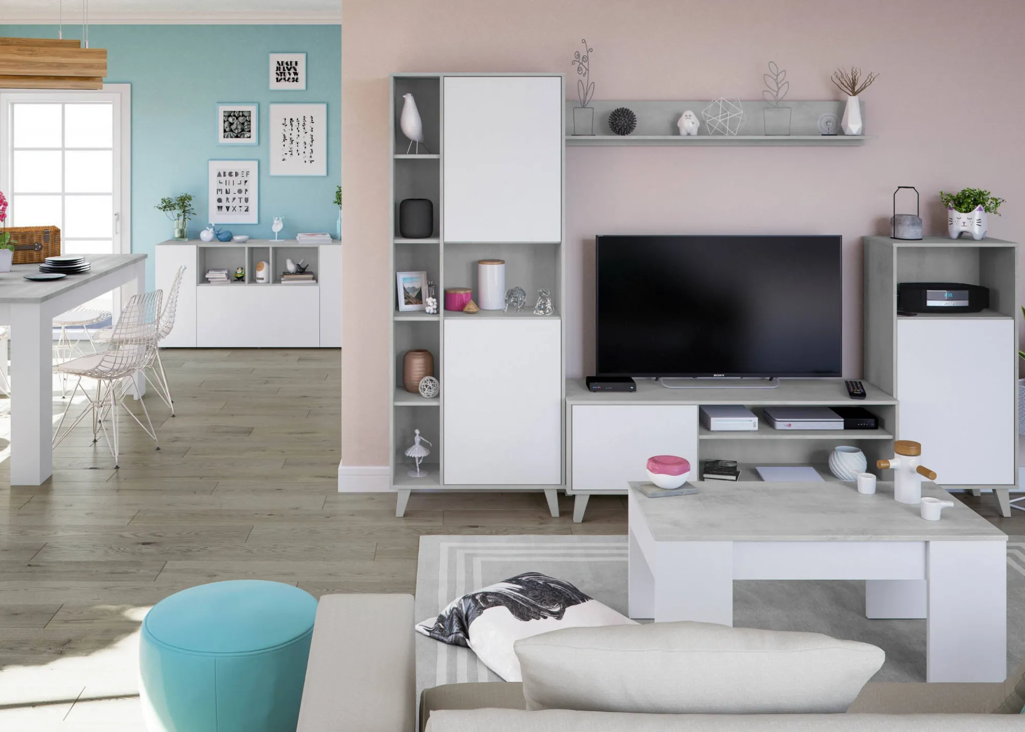 Credenza Crisantemo, 150x41h76 cm, Bianco e Cemento<Dmora Store