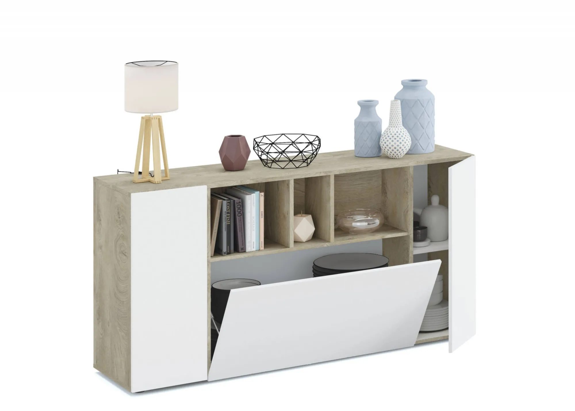Credenza Crisantemo, 150x41h76 cm, Bianco e Rovere<Dmora Fashion