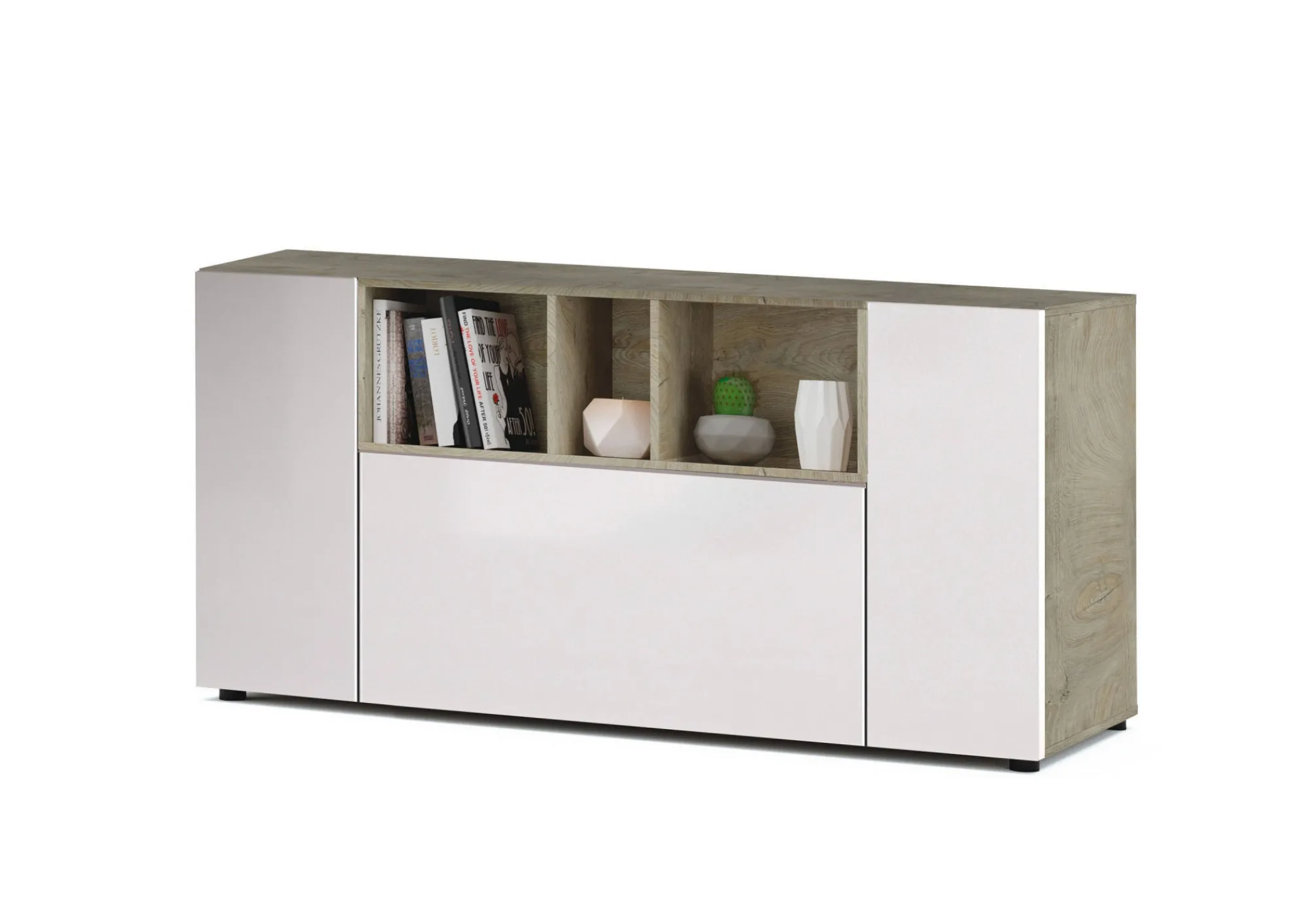 Credenza Crisantemo, 150x41h76 cm, Bianco e Rovere<Dmora Fashion
