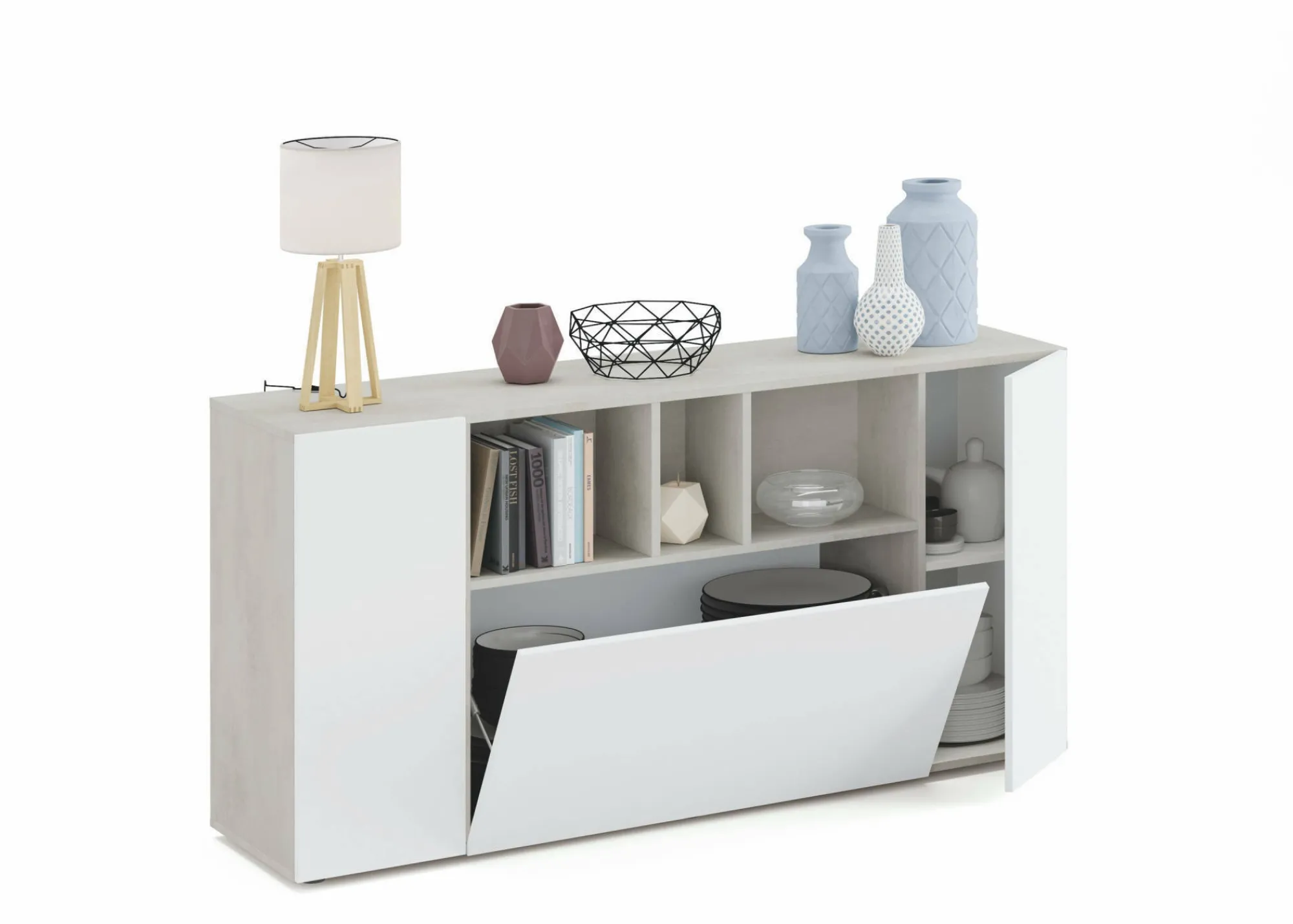 Credenza Crisantemo, 150x41h76 cm, Bianco e Cemento<Dmora Store