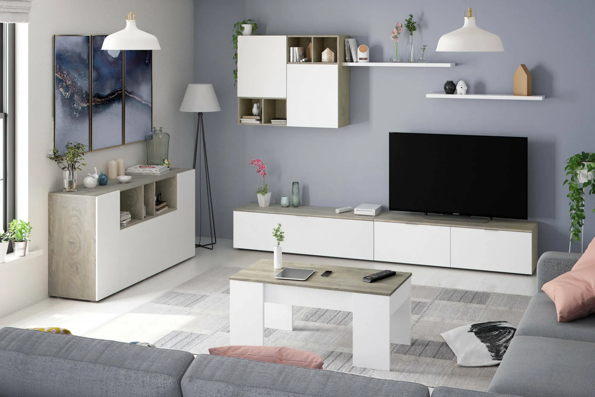 Credenza Crisantemo, 150x41h76 cm, Bianco e Rovere<Dmora Fashion