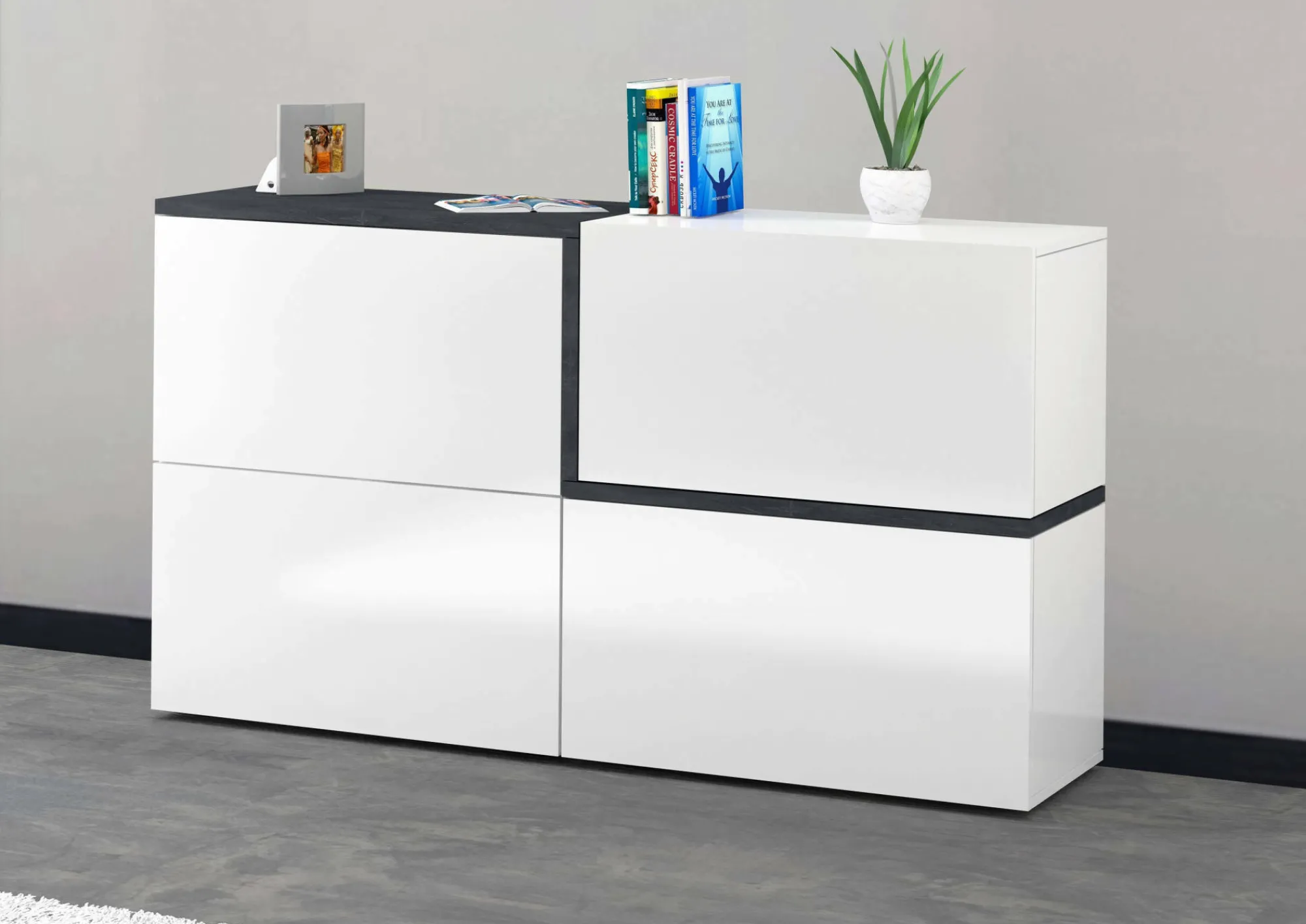Credenza Daabe, cm 150x40h80, Bianco lucido e Ardesia<Dmora Cheap