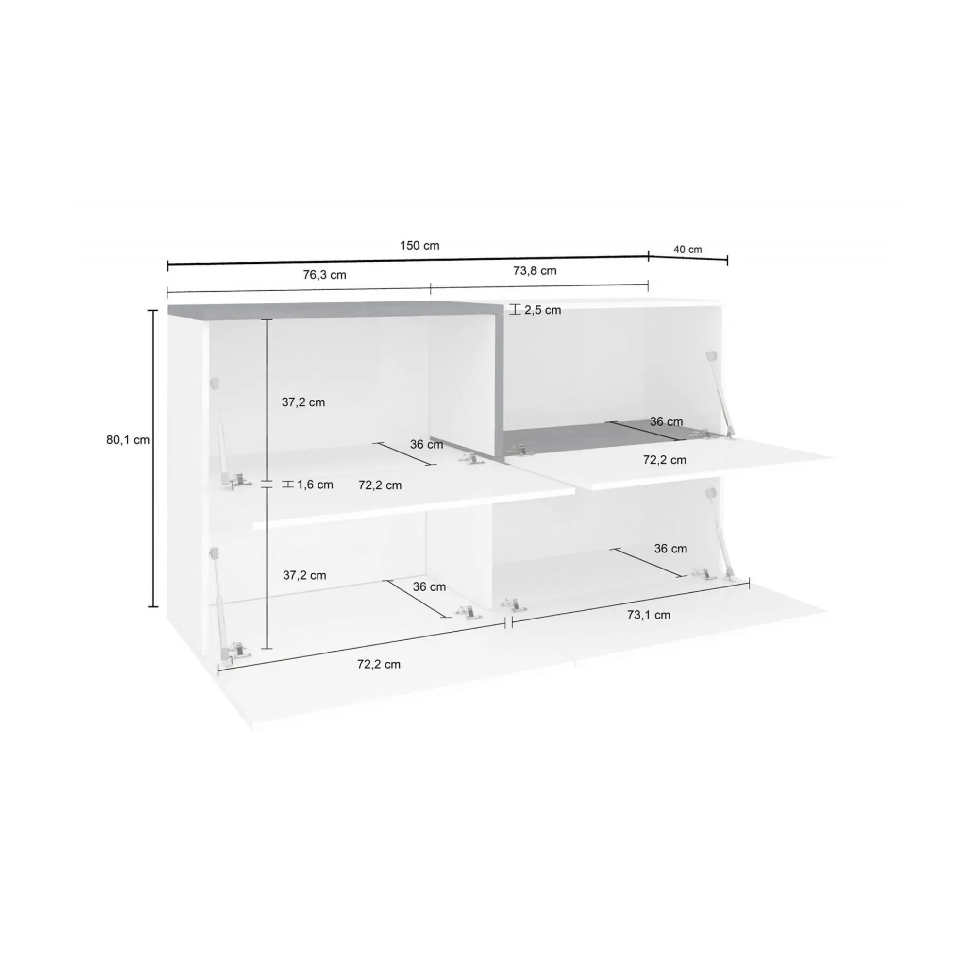 Credenza Daabe, cm 150x40h80, Bianco lucido e Ardesia<Dmora Cheap