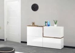 Credenza Daabe, cm 150x40h80, Bianco lucido e Acero<Dmora Flash Sale