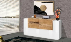 Credenza Daas, cm 160x45h86, Bianco lucido e Acero<Dmora Clearance