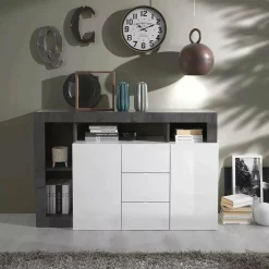 Credenza Dalle, 146x42 h93 cm, Bianco lucido e Ardesia<Dmora Best