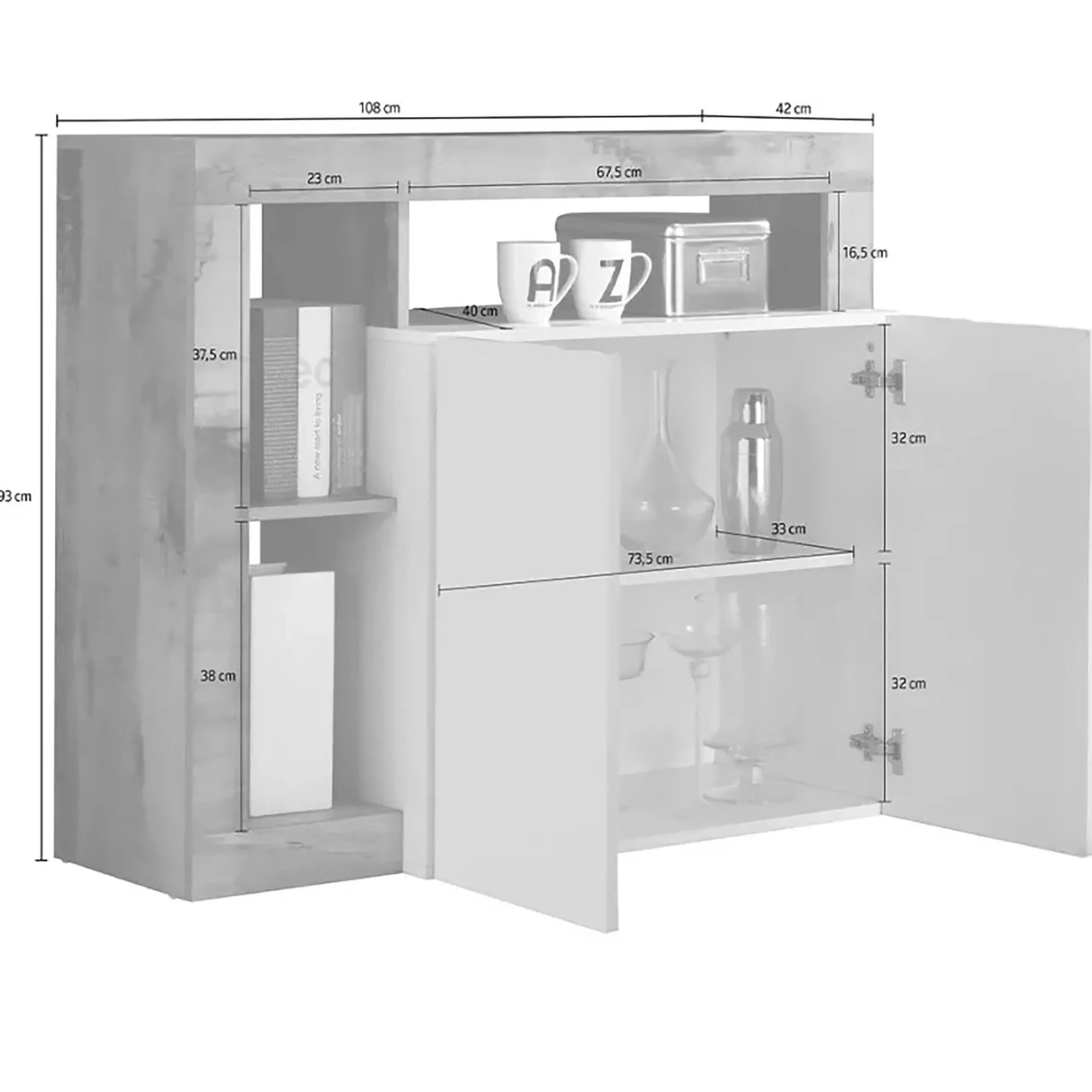 Credenza Dalle, 108x42 h93 cm, Bianco lucido e Ardesia<Dmora Outlet
