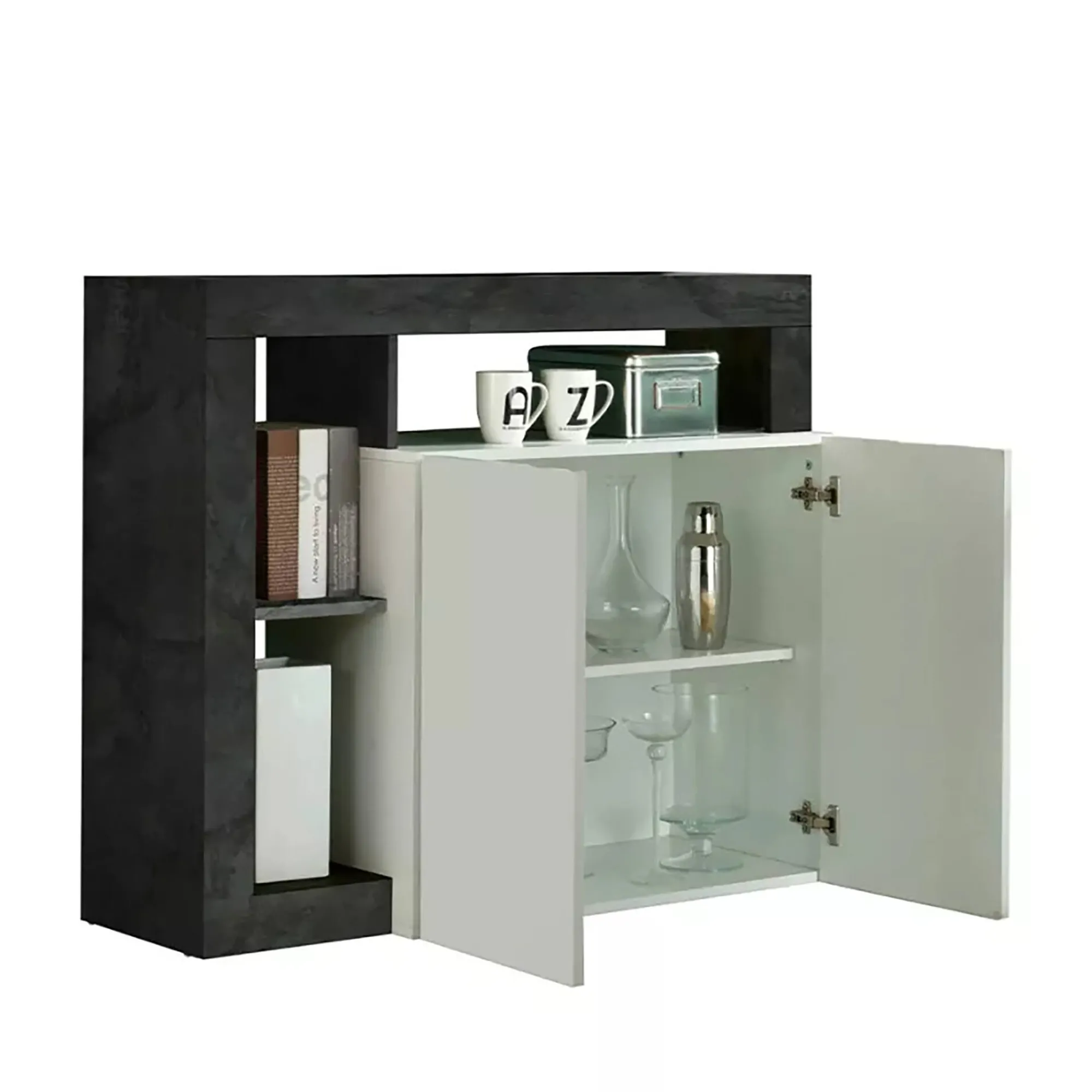 Credenza Dalle, 108x42 h93 cm, Bianco lucido e Ardesia<Dmora Outlet