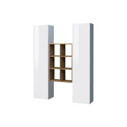 Credenza Danila, cm 140x30h180, Bianco lucido e Acero<Dmora Best Sale