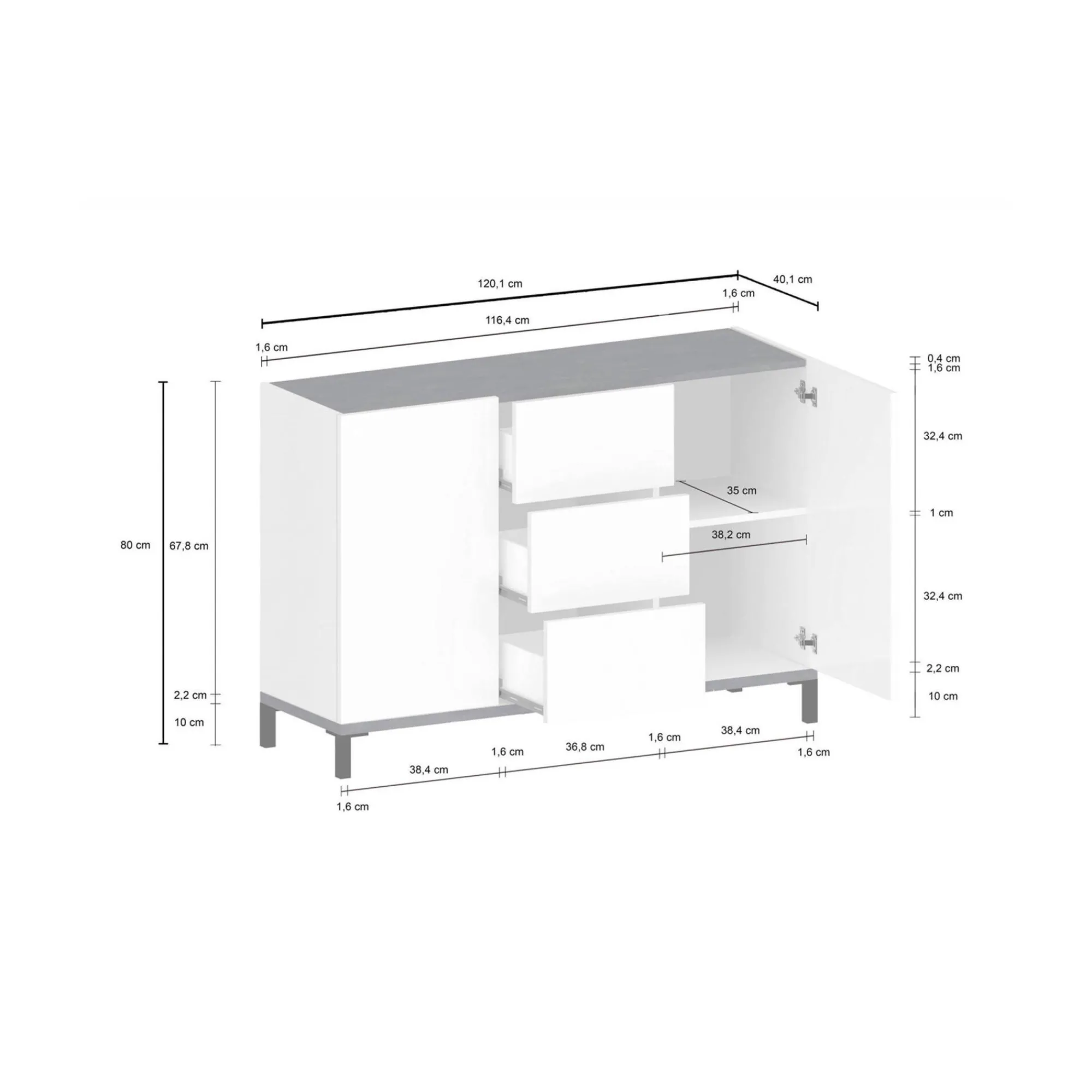 Credenza Dannes, cm 120x40h80, Bianco lucido e Ardesia<Dmora Sale