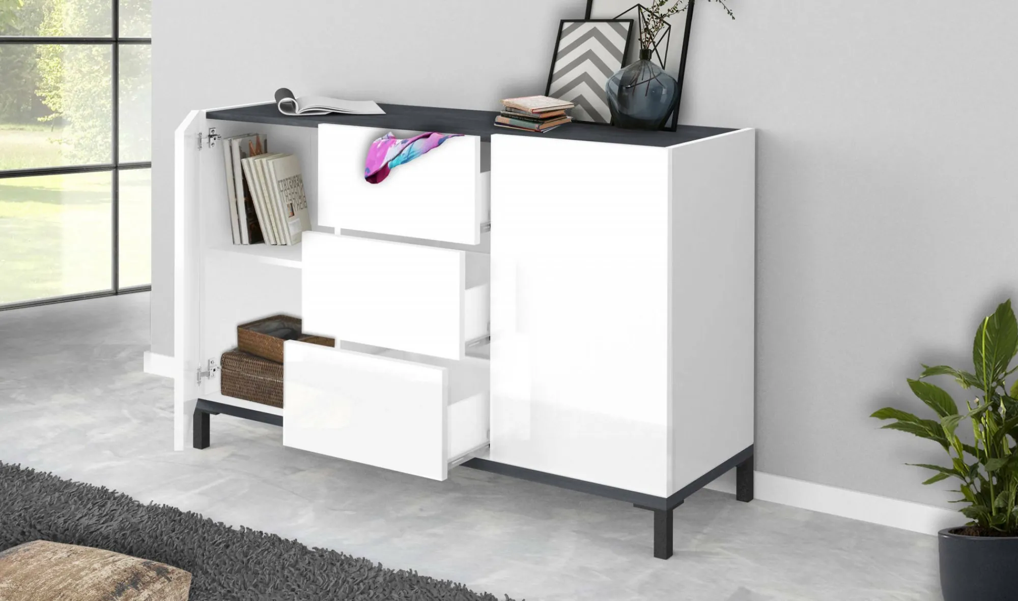 Credenza Dannes, cm 120x40h80, Bianco lucido e Ardesia<Dmora Sale