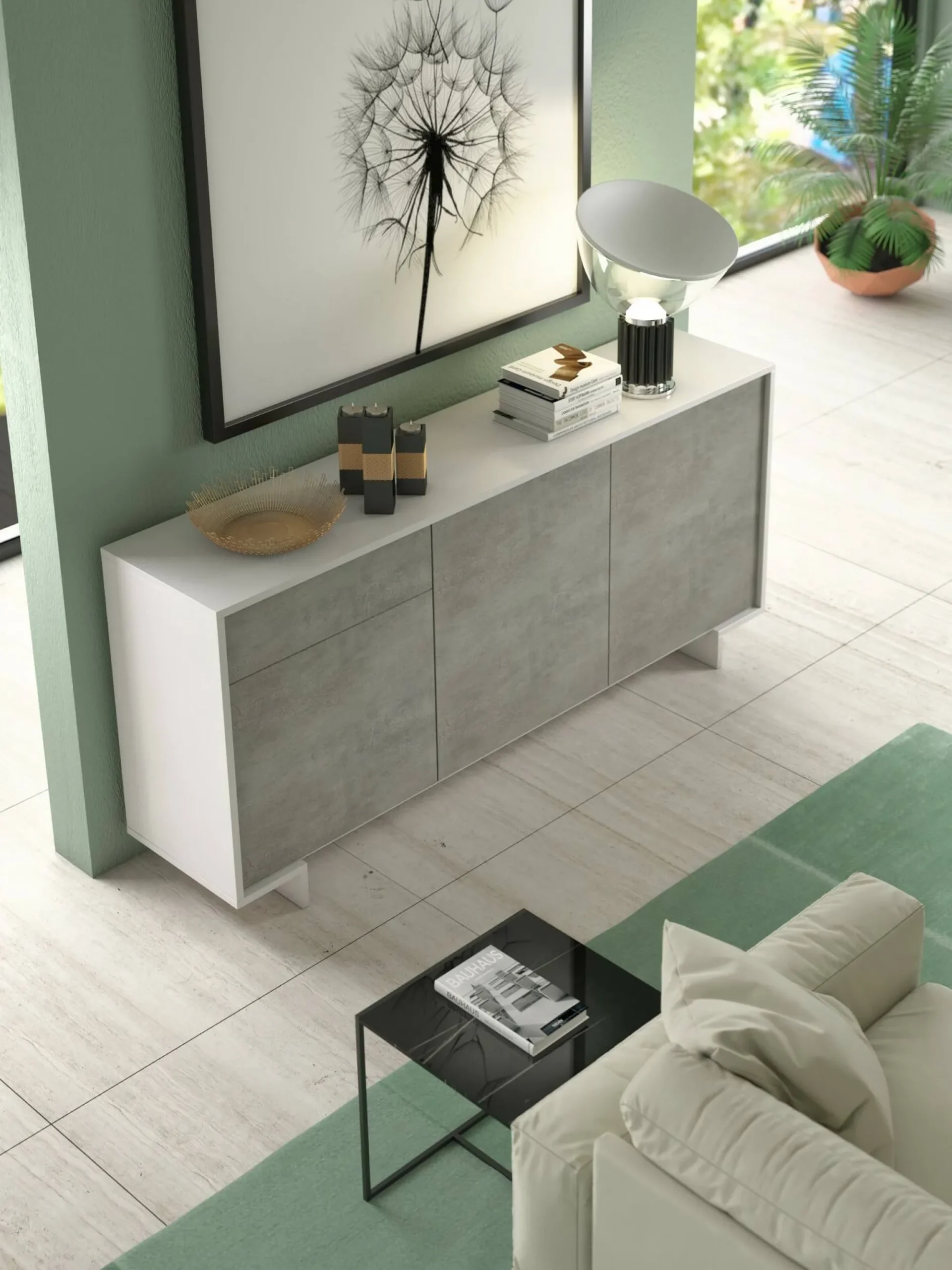 Credenza Davallon, 170x42h78 cm, Bianco e Cemento<Dmora Best