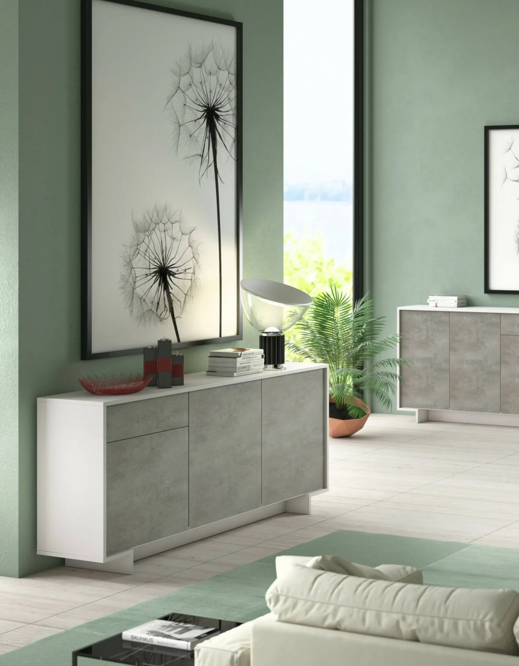 Credenza Davallon, 170x42h78 cm, Bianco e Cemento<Dmora Best
