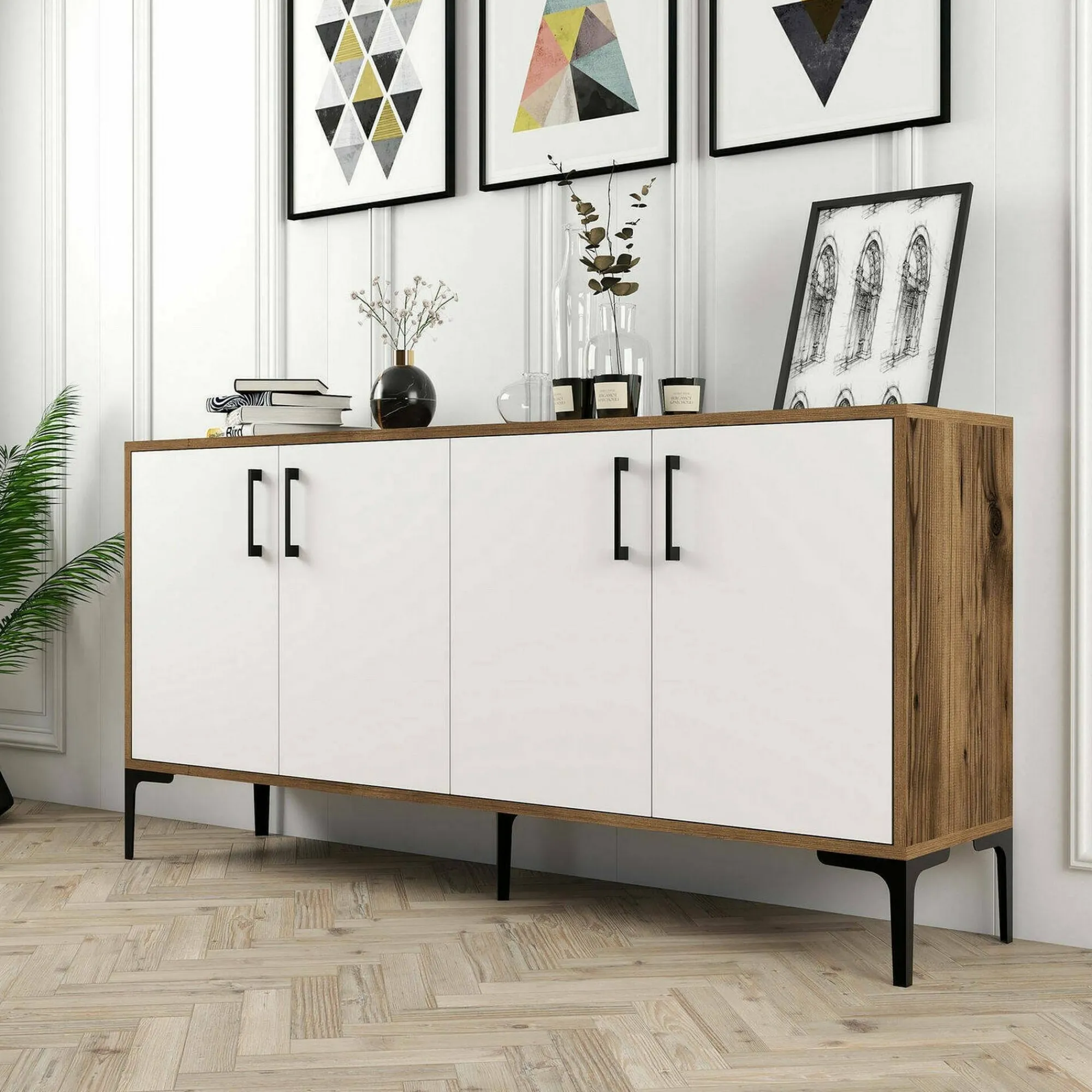 Credenza Dflamign, 160x35h78 cm, Noce e Bianco<Dmora Online