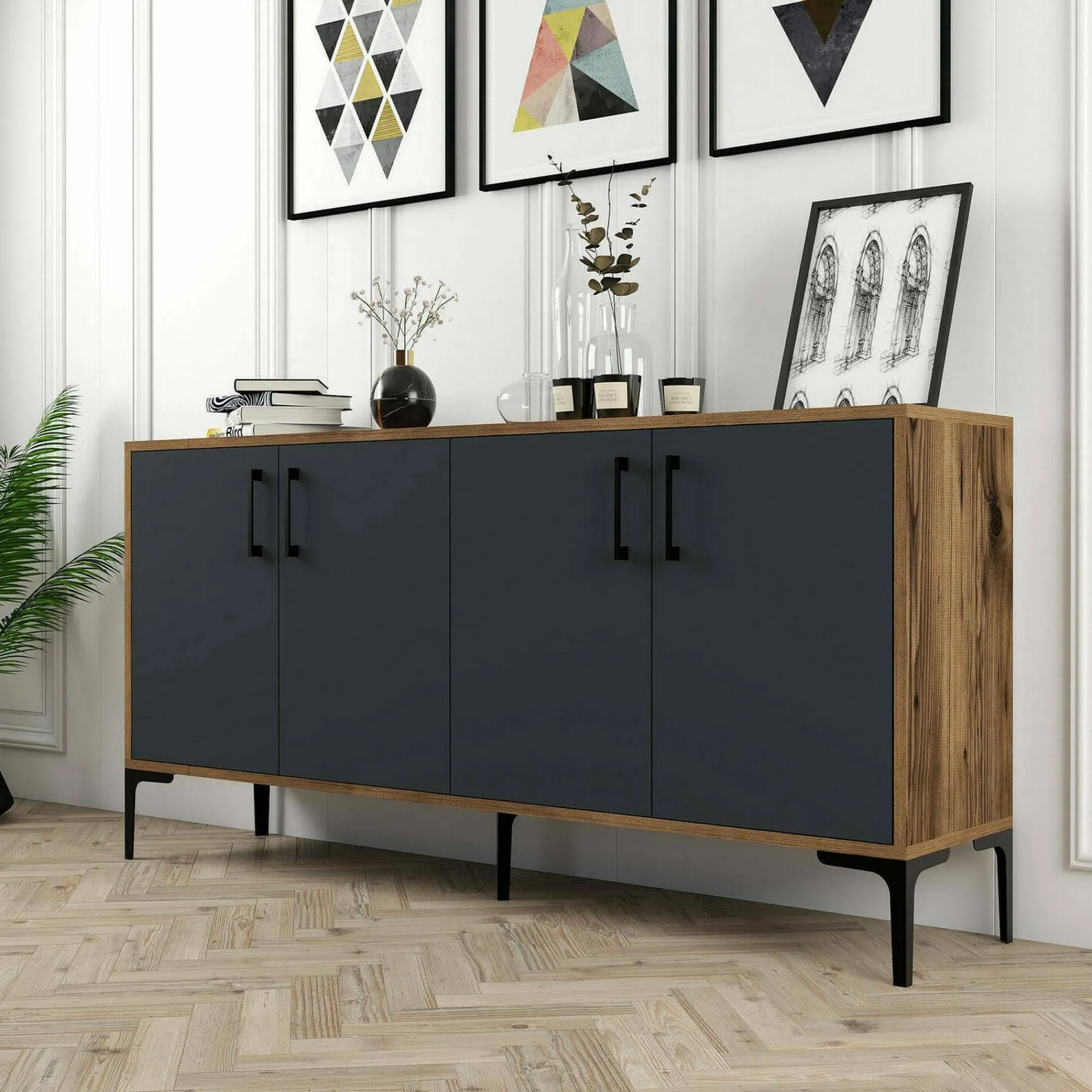 Credenza Dflamign, 160x35h78 cm, Noce e Antracite<Dmora Sale