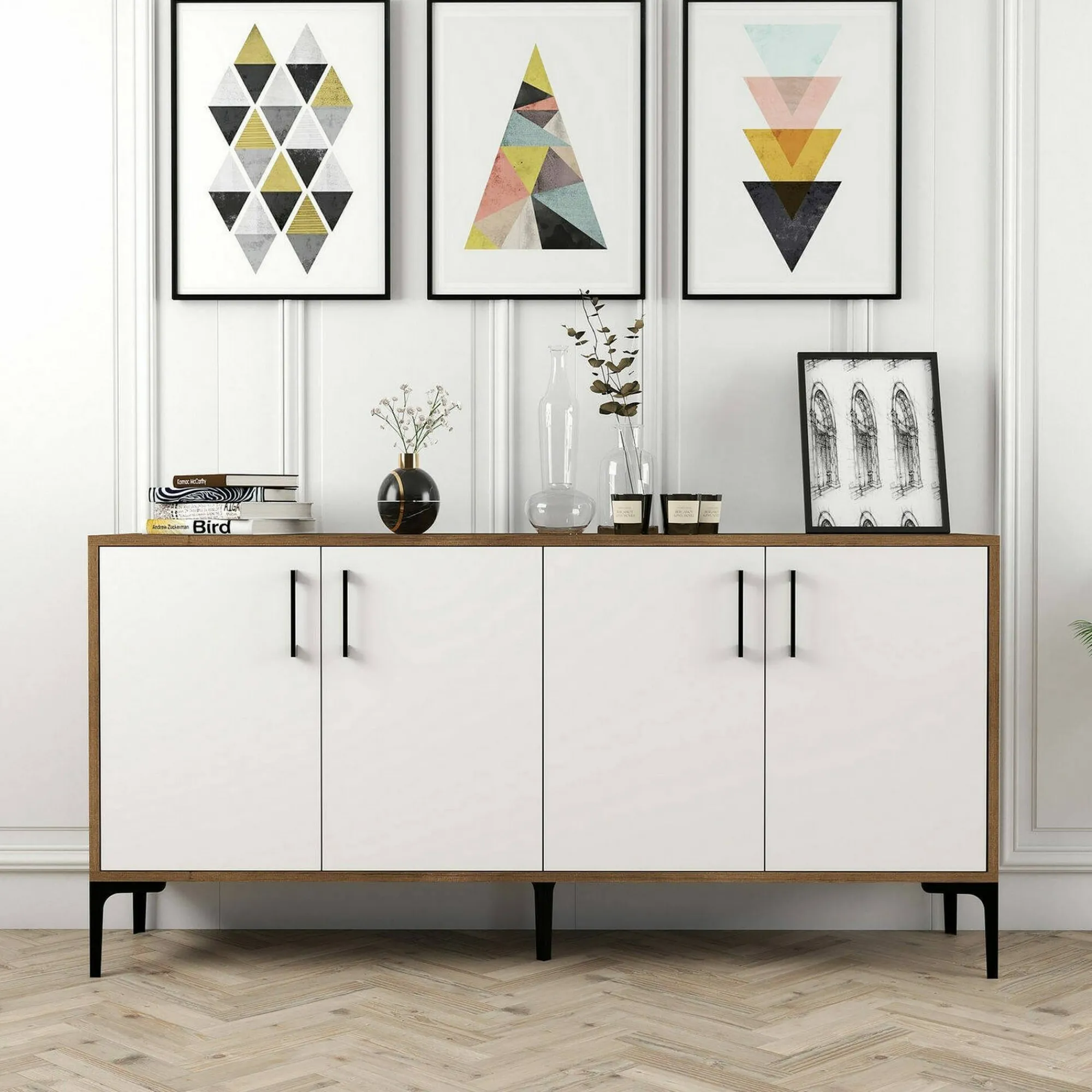 Credenza Dflamign, 160x35h78 cm, Noce e Bianco<Dmora Online