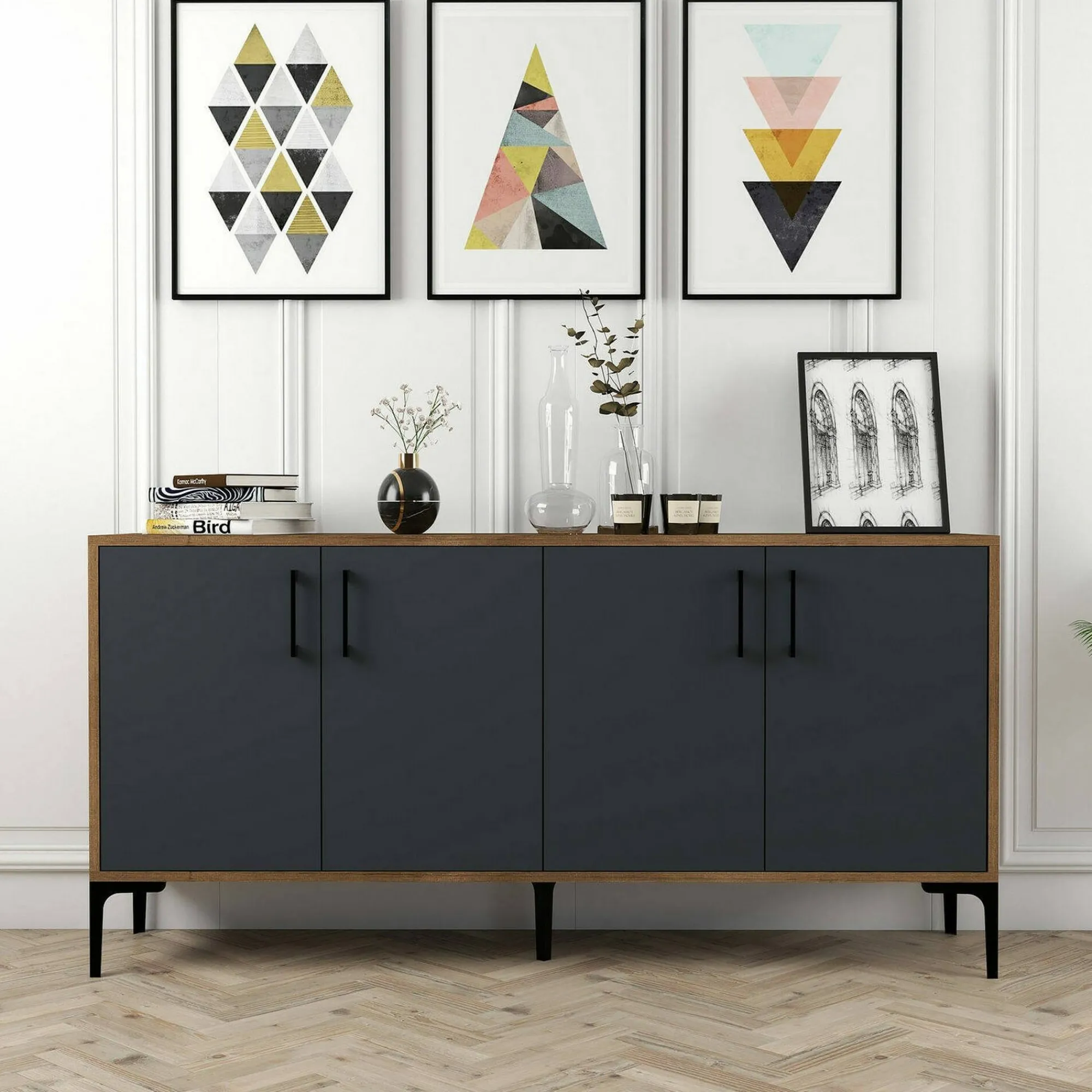 Credenza Dflamign, 160x35h78 cm, Noce e Antracite<Dmora Sale