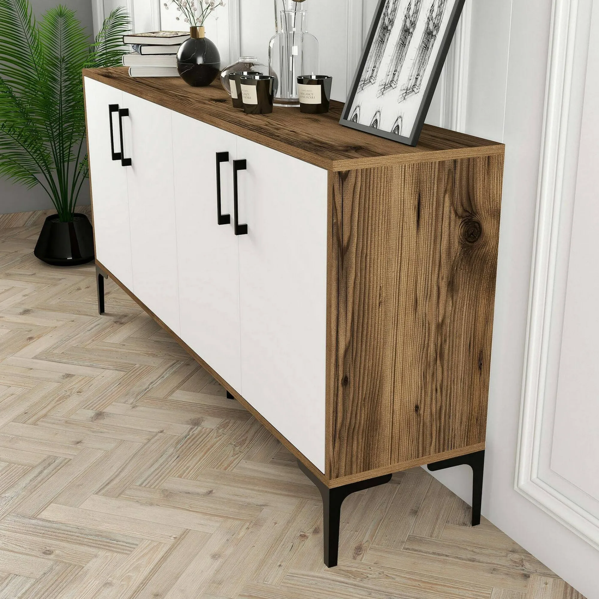 Credenza Dflamign, 160x35h78 cm, Noce e Bianco<Dmora Online