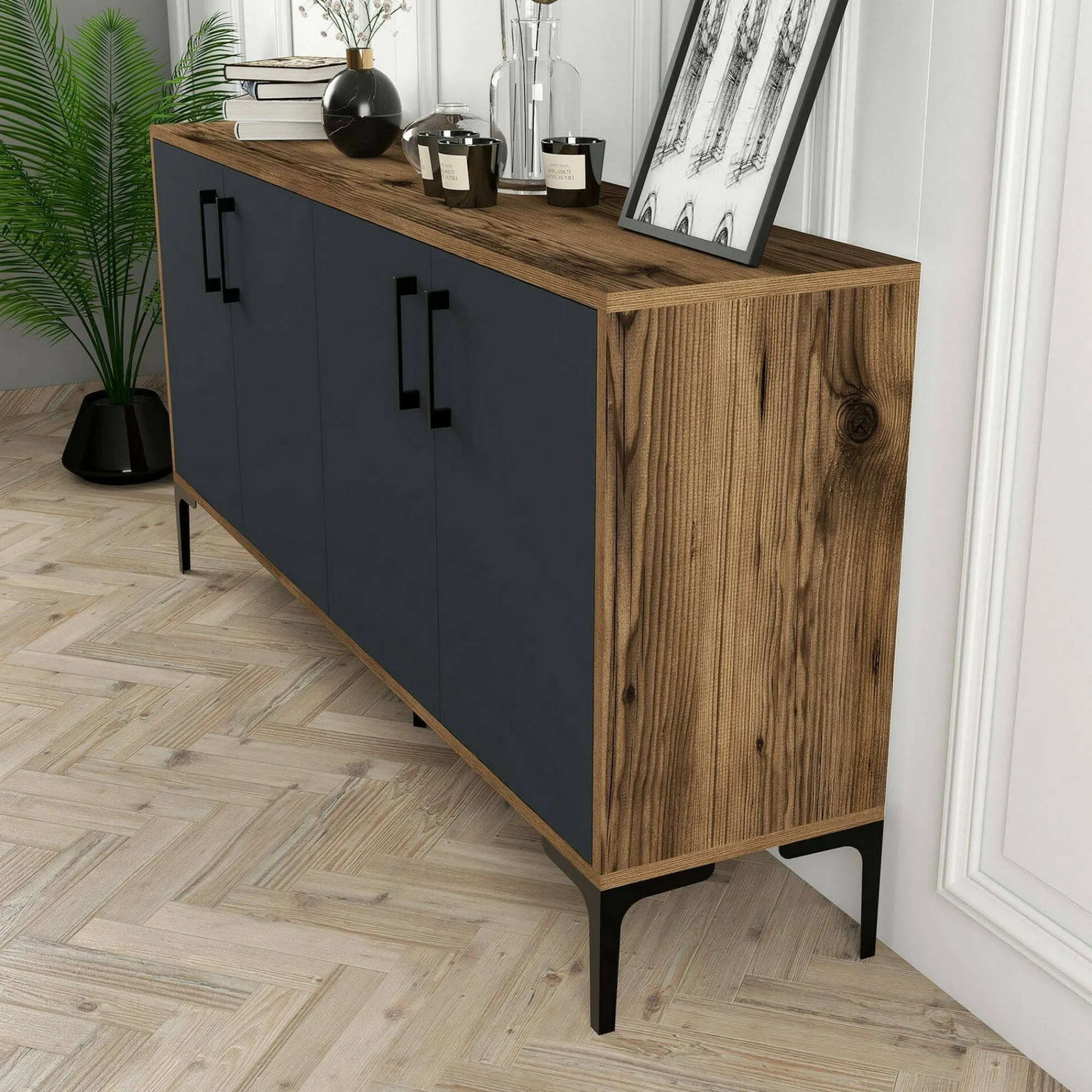 Credenza Dflamign, 160x35h78 cm, Noce e Antracite<Dmora Sale