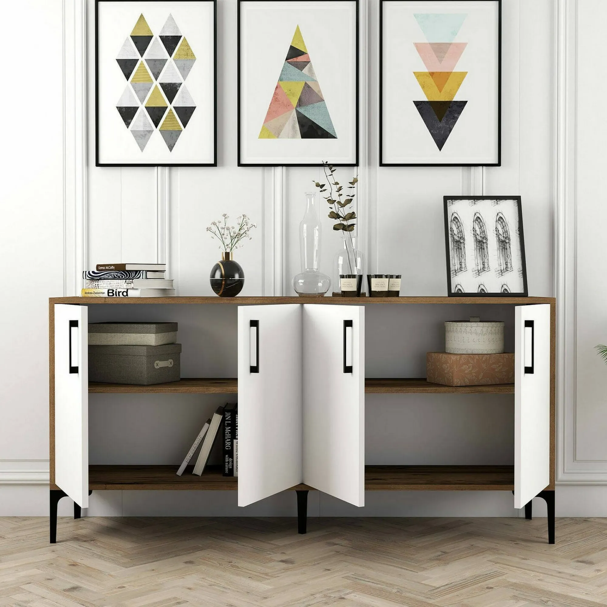 Credenza Dflamign, 160x35h78 cm, Noce e Bianco<Dmora Online