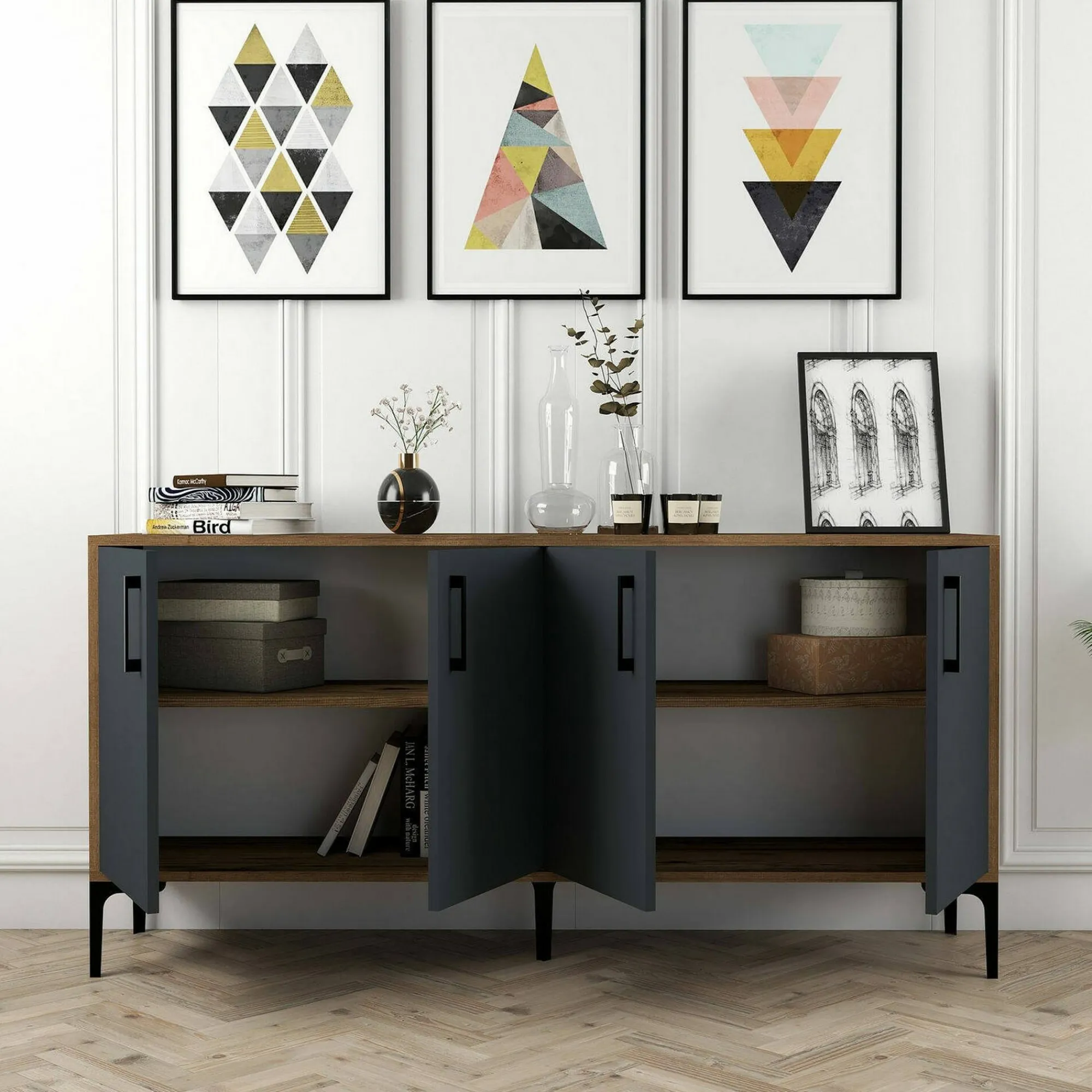 Credenza Dflamign, 160x35h78 cm, Noce e Antracite<Dmora Sale