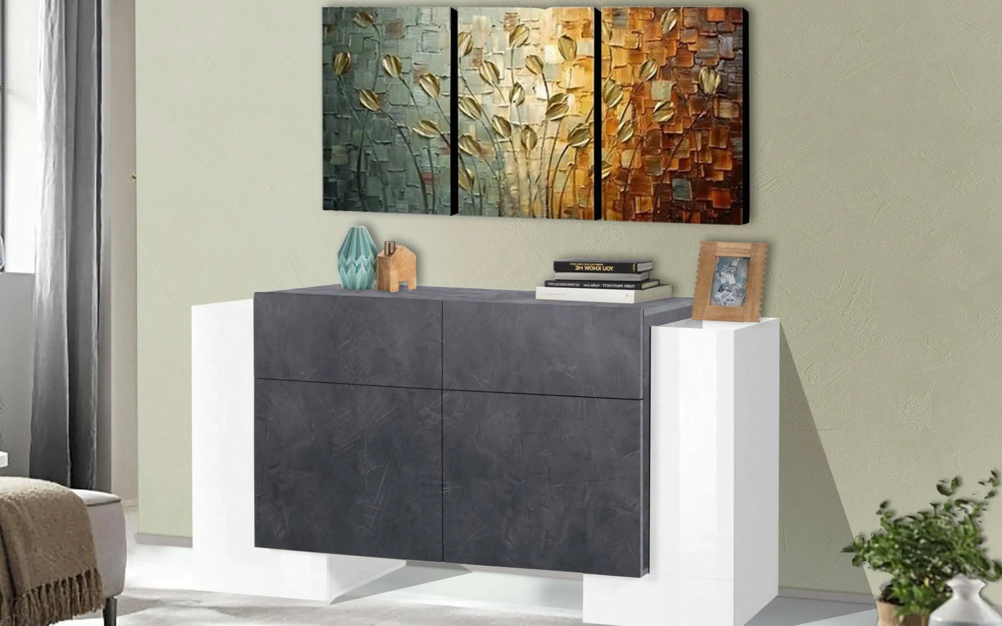 Credenza Dguan, cm 170x45h85, Bianco lucido e Ardesia<Dmora Flash Sale