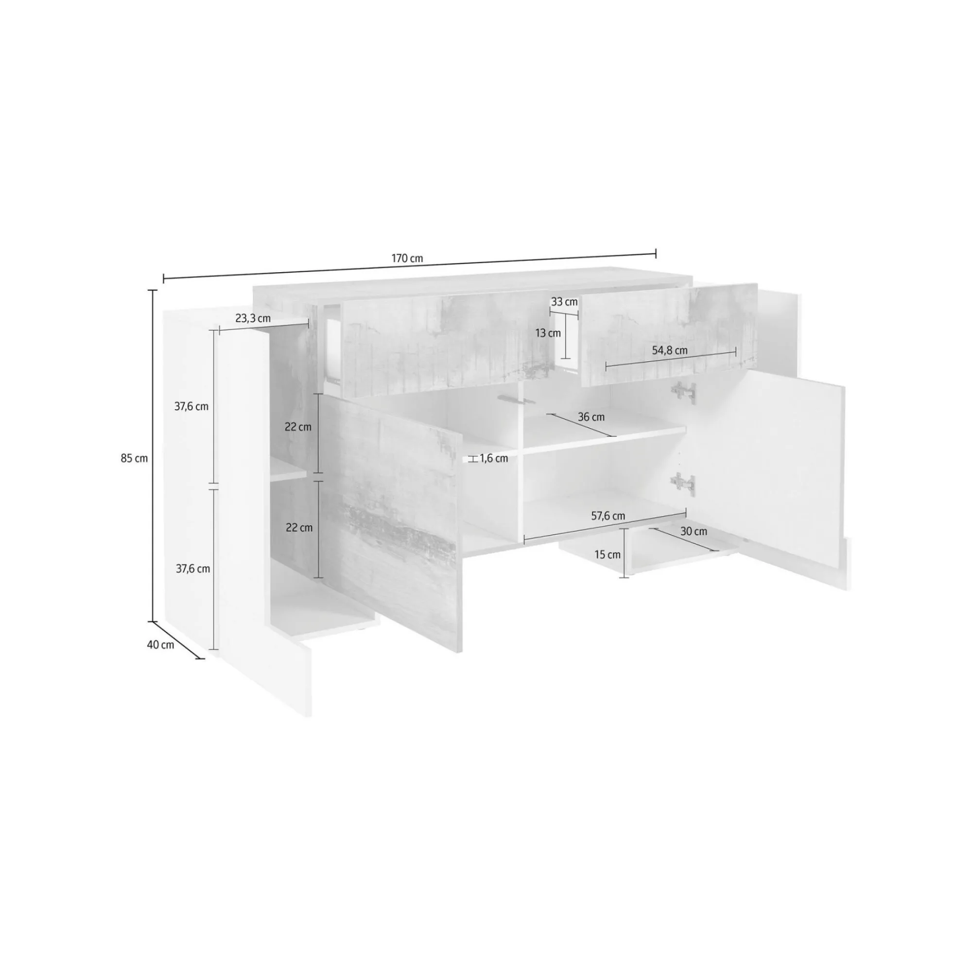 Credenza Dguan, cm 170x45h85, Bianco lucido e Ardesia<Dmora Flash Sale