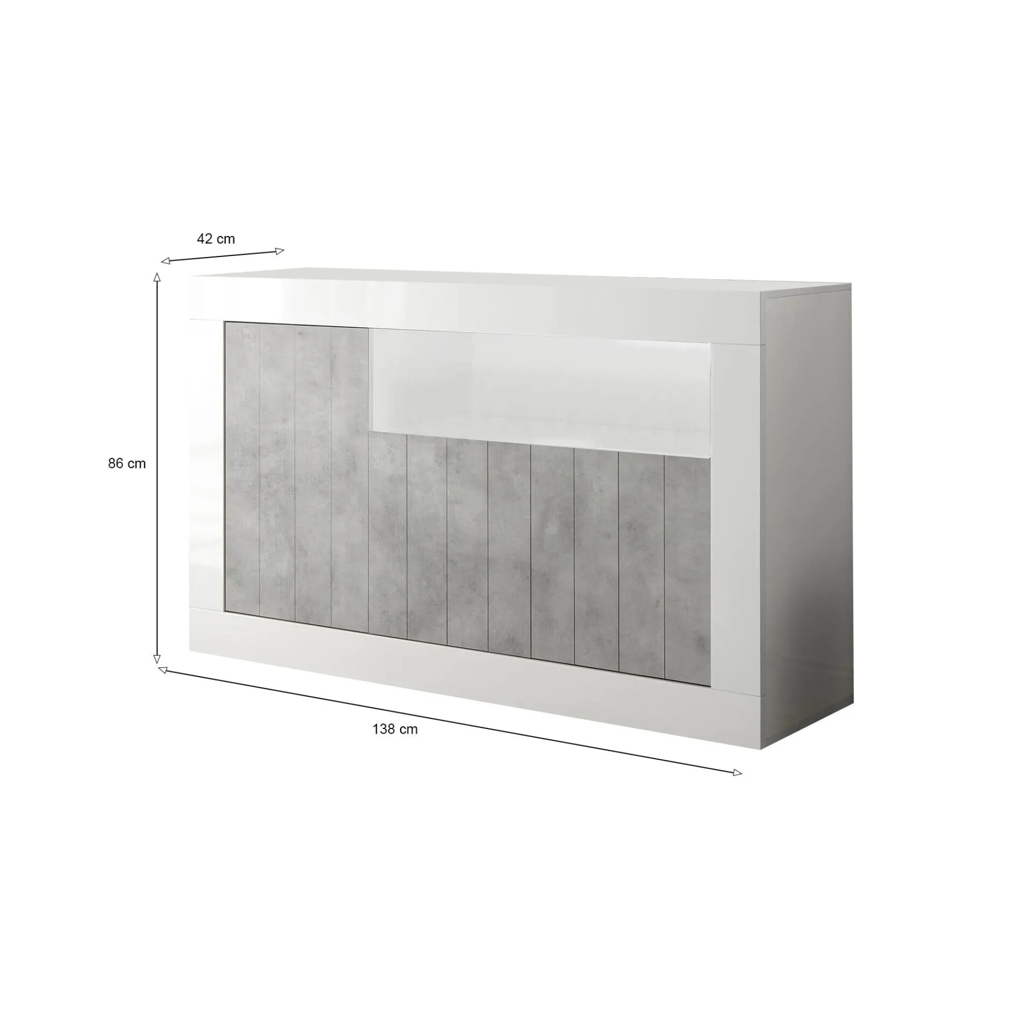 Credenza Diguodal, 138x42 h86 cm, Cemento e Bianco lucido<Dmora Sale