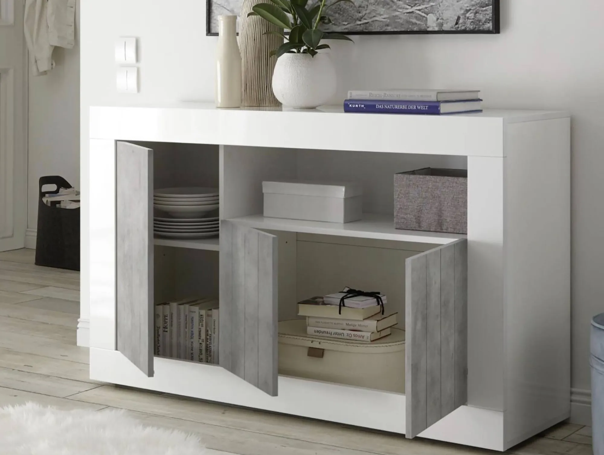 Credenza Diguodal, 138x42 h86 cm, Cemento e Bianco lucido<Dmora Sale