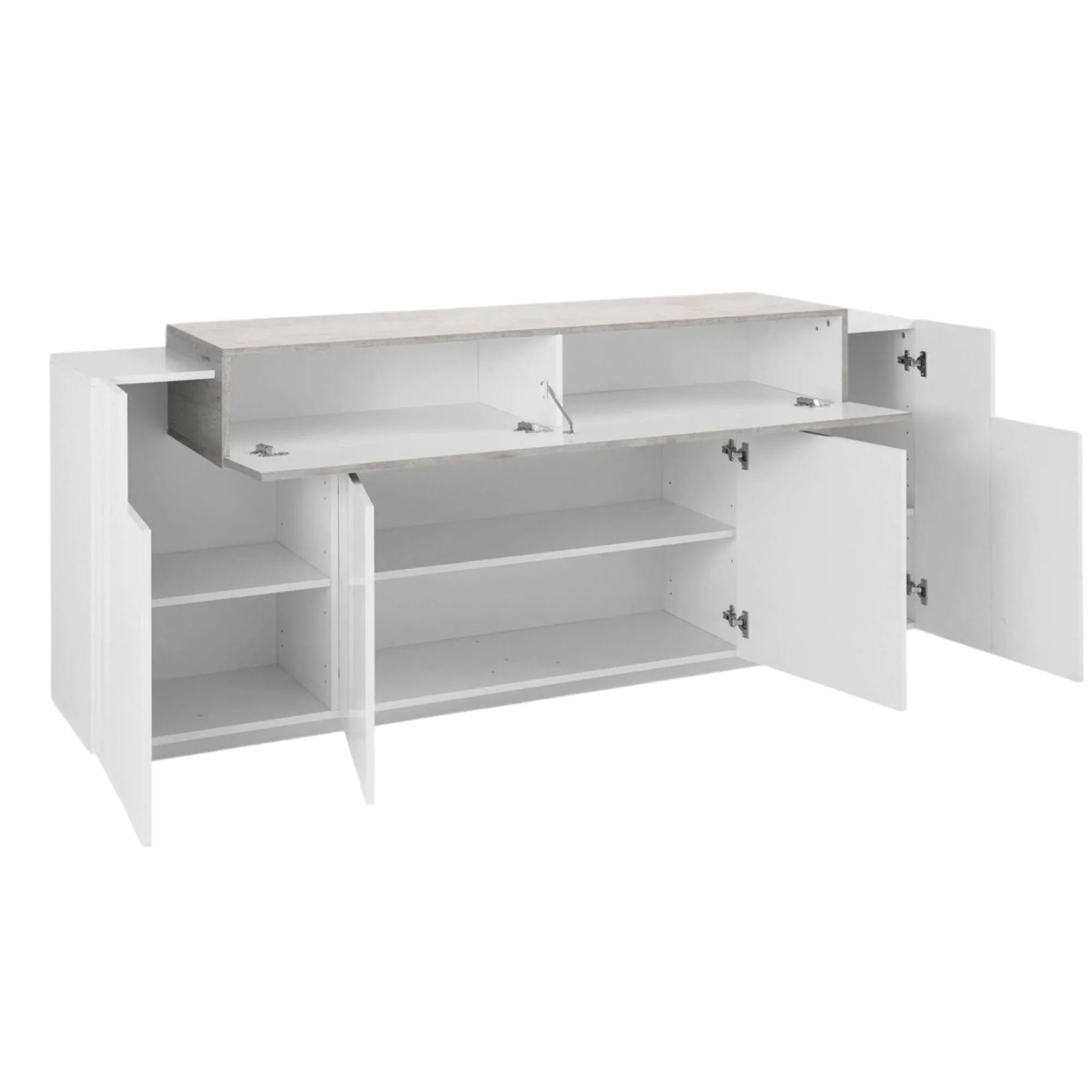 Credenza Discordia, cm 200x45h86, Bianco lucido e Cemento<Dmora New