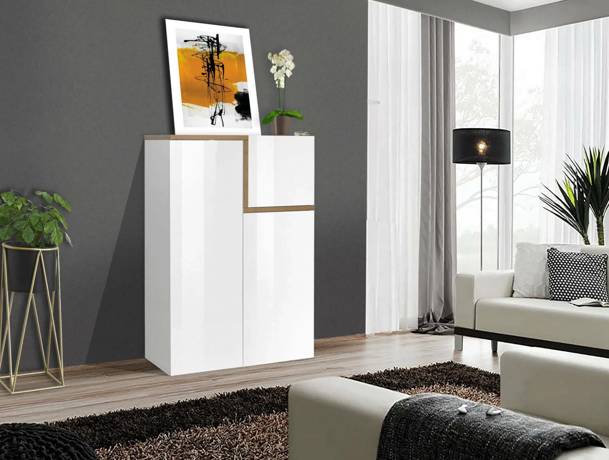 Credenza Dmasi, cm 80x40h126, Bianco lucido e Acero<Dmora Cheap