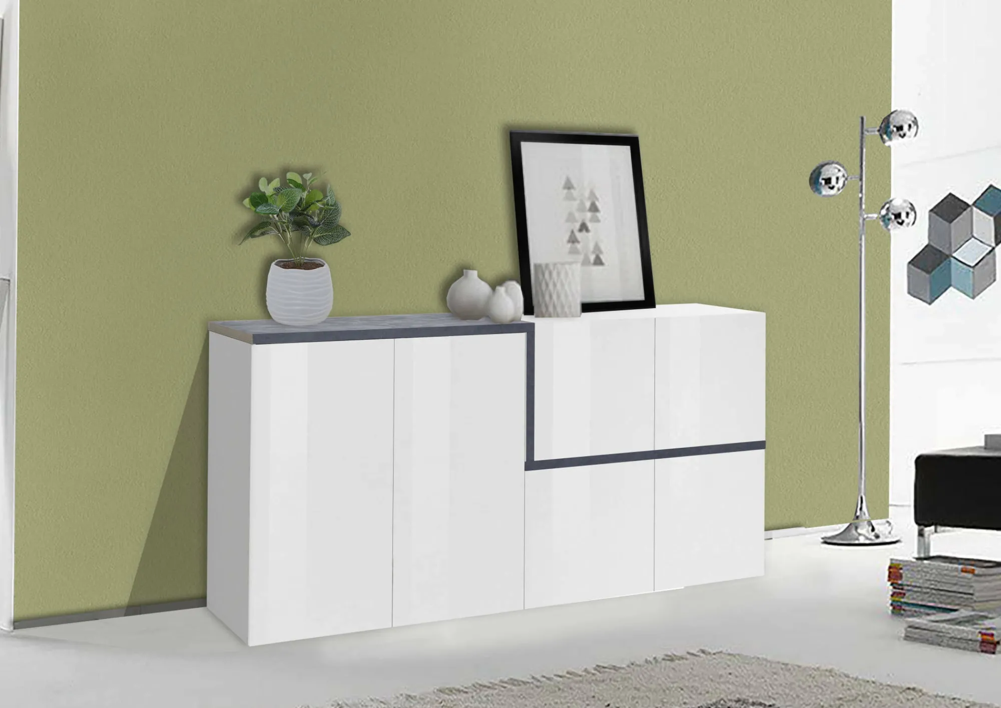 Credenza Dmati, cm 160x40h80, Bianco lucido e Ardesia<Dmora Hot