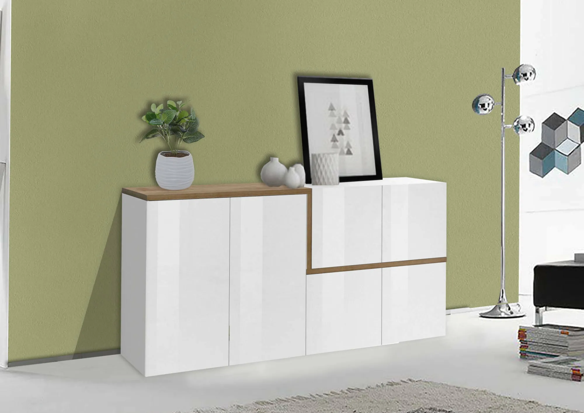 Credenza Dmati, cm 160x40h80, Bianco lucido e Acero<Dmora New