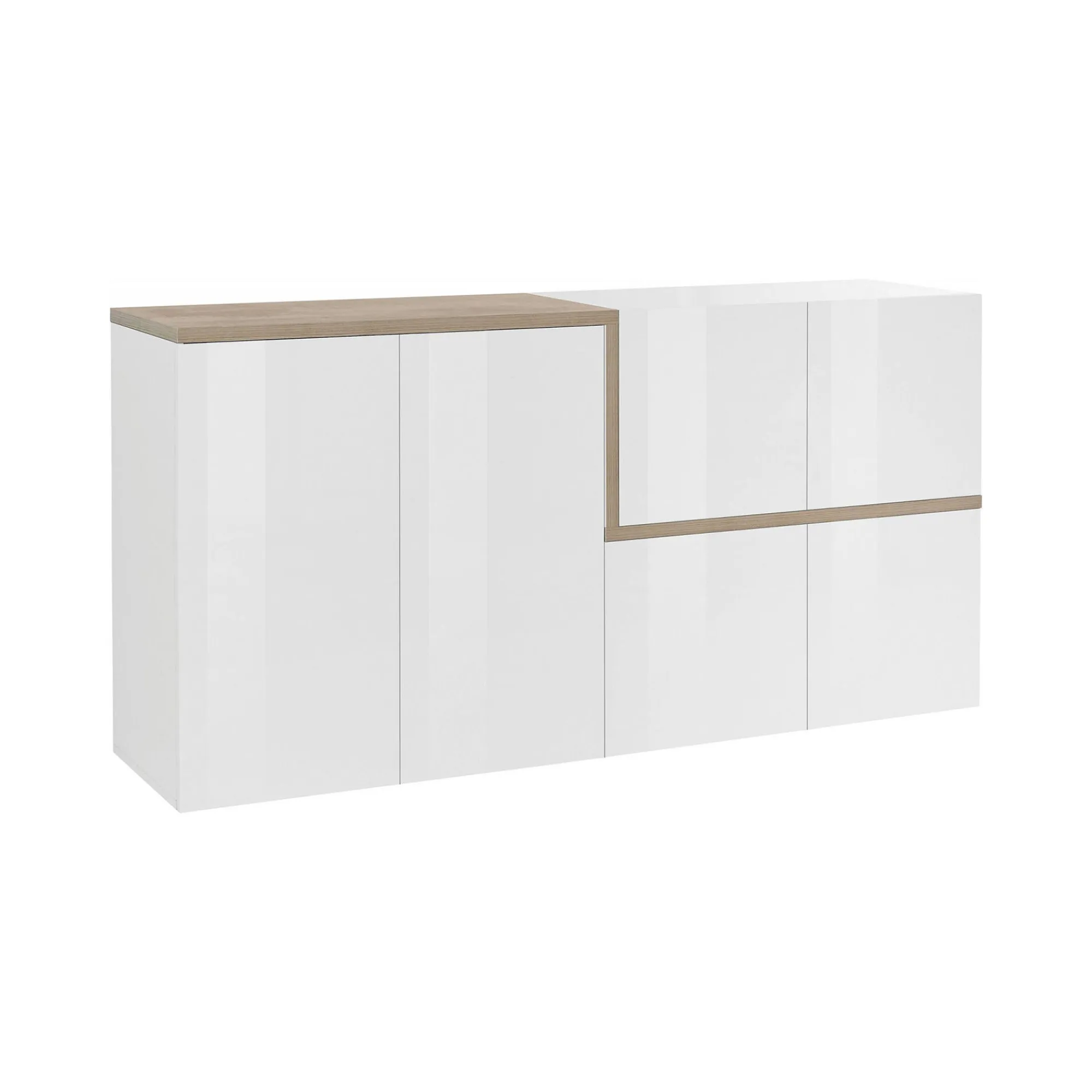 Credenza Dmati, cm 160x40h80, Bianco lucido e Acero<Dmora New