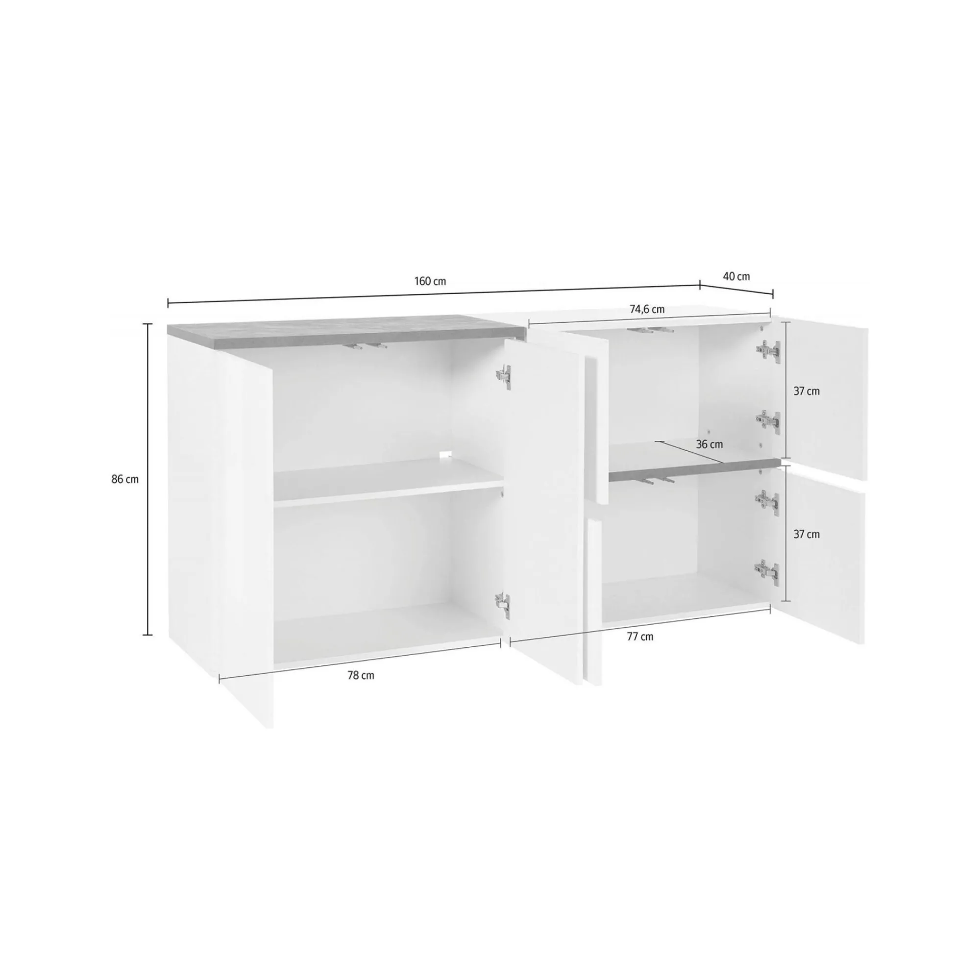 Credenza Dmati, cm 160x40h80, Bianco lucido e Ardesia<Dmora Hot