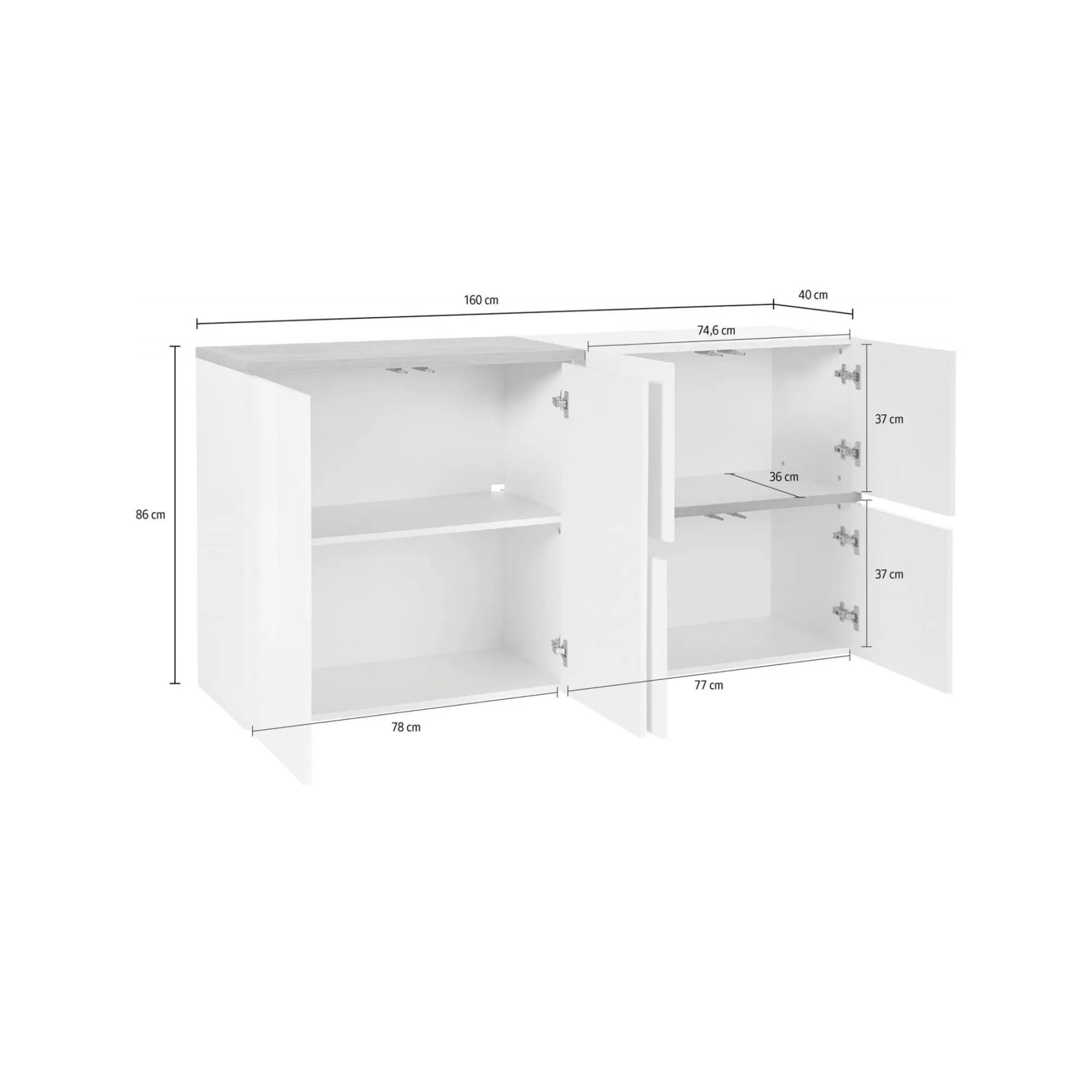Credenza Dmati, cm 160x40h80, Bianco lucido e Acero<Dmora New