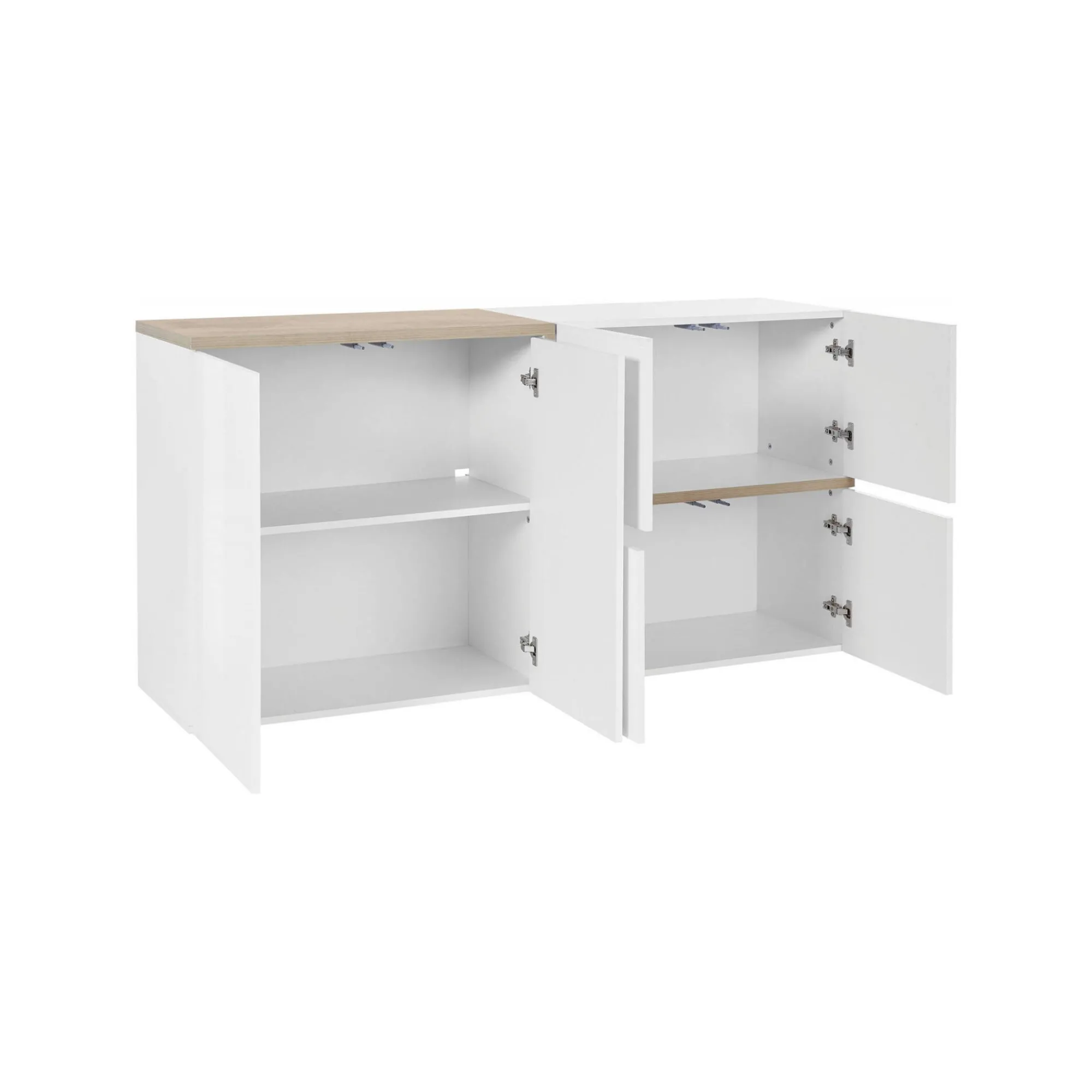 Credenza Dmati, cm 160x40h80, Bianco lucido e Acero<Dmora New