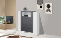 Credenza Dmaye, cm 130x45h135, Bianco lucido e Ardesia<Dmora Outlet