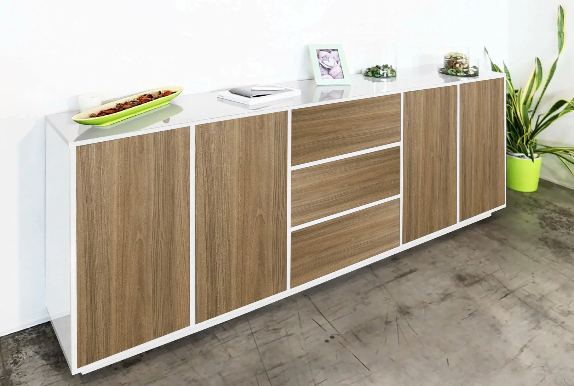 Credenza Dnast, cm 220x41h86, Bianco lucido e Noce<Dmora Hot