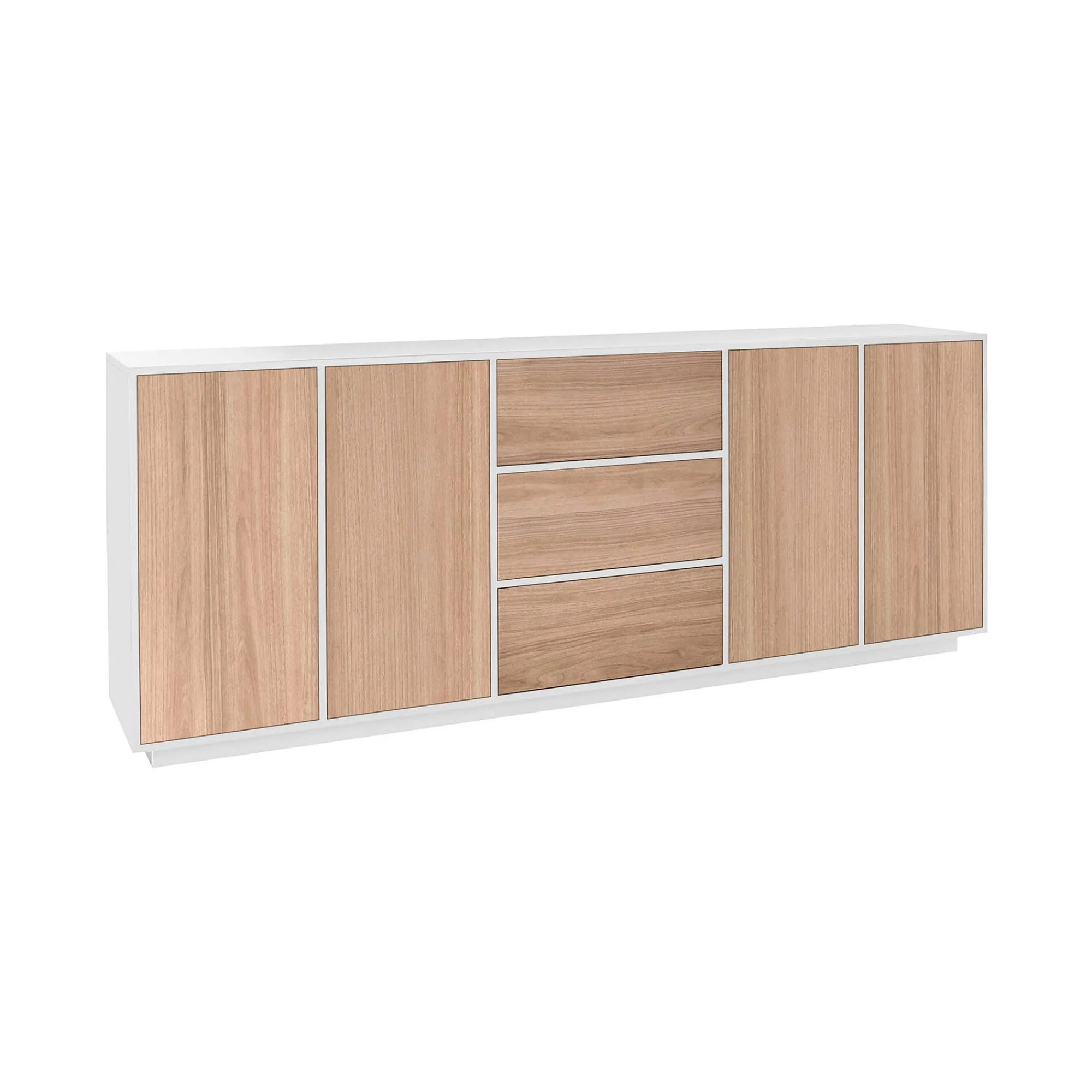 Credenza Dnast, cm 220x41h86, Bianco lucido e Noce<Dmora Hot